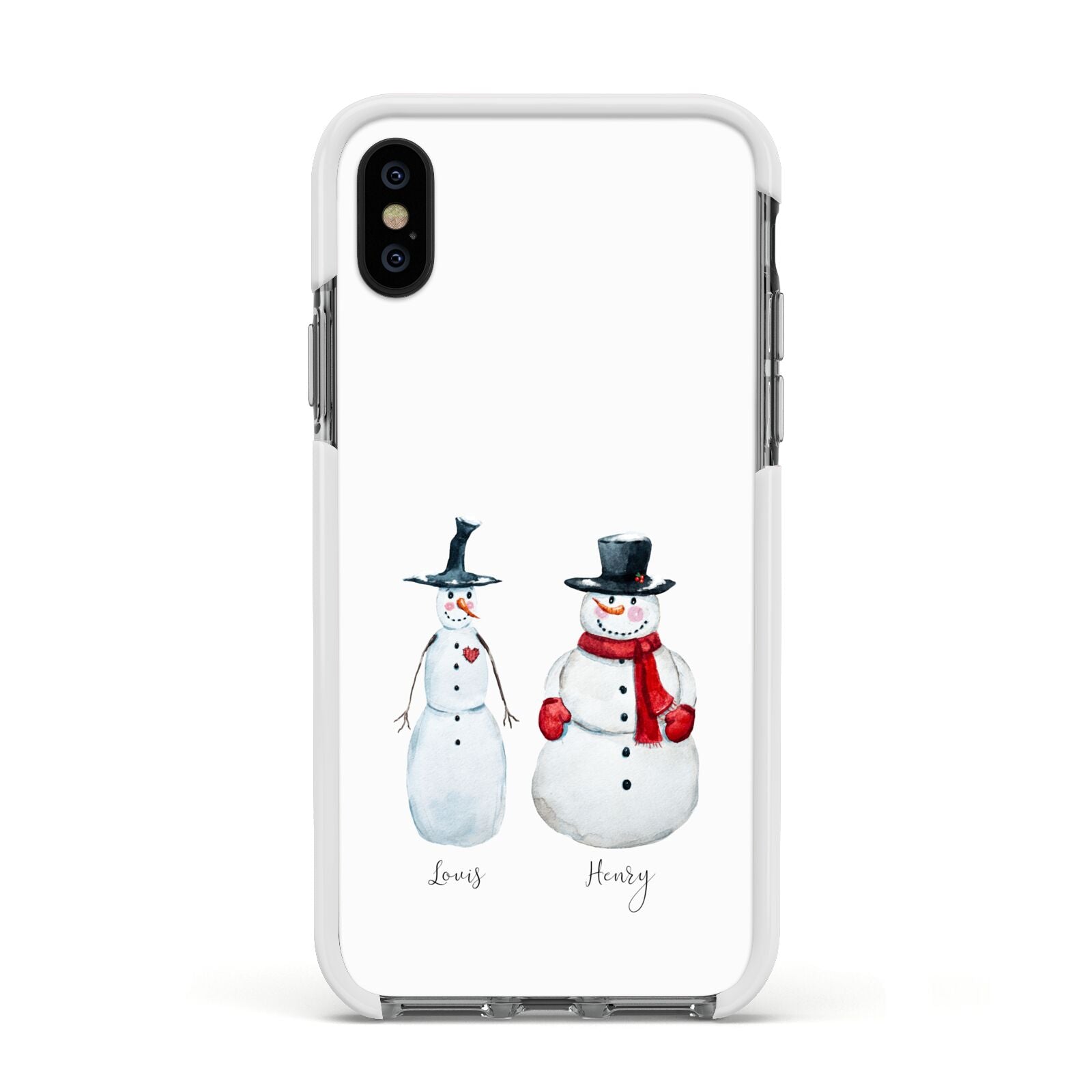 Personalised Two Snowmen Apple iPhone Xs Impact Case White Edge on Black Phone