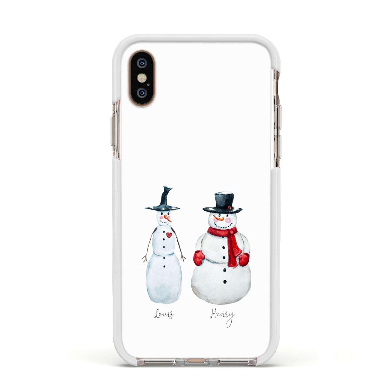 Personalised Two Snowmen Apple iPhone Xs Impact Case White Edge on Gold Phone
