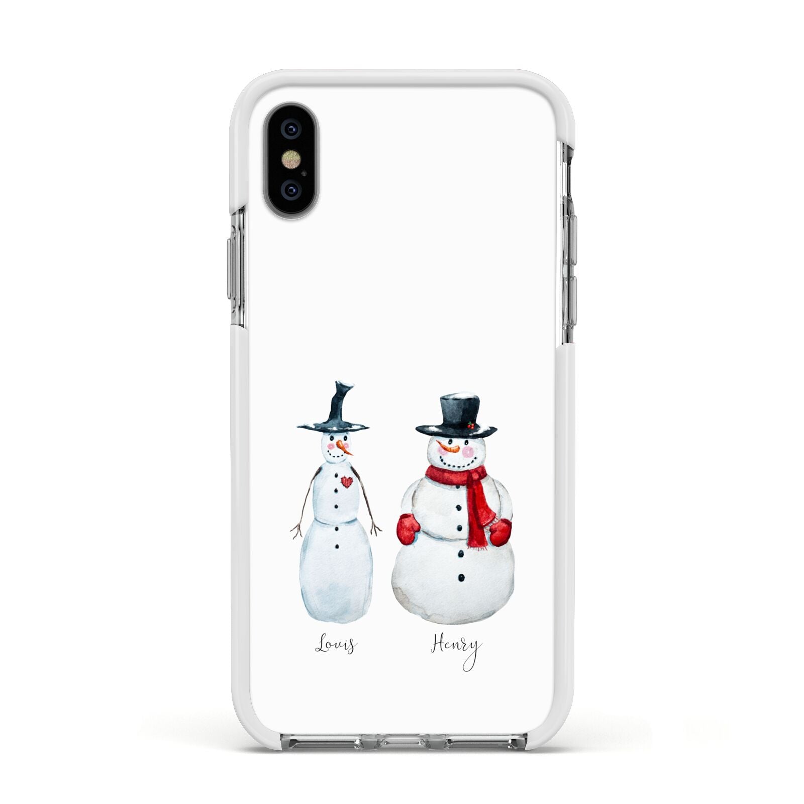 Personalised Two Snowmen Apple iPhone Xs Impact Case White Edge on Silver Phone