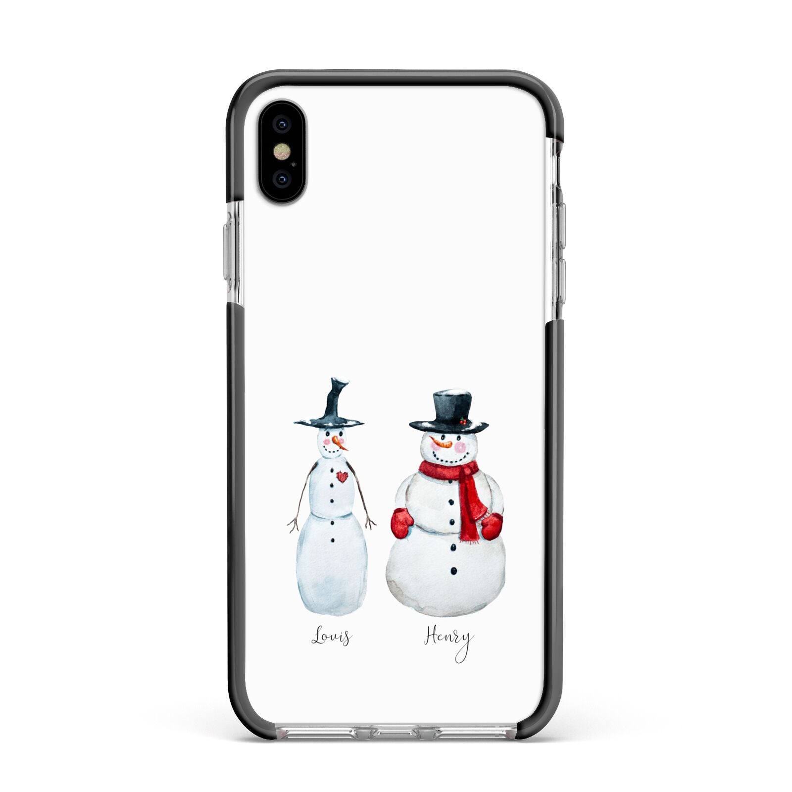 Personalised Two Snowmen Apple iPhone Xs Max Impact Case Black Edge on Silver Phone