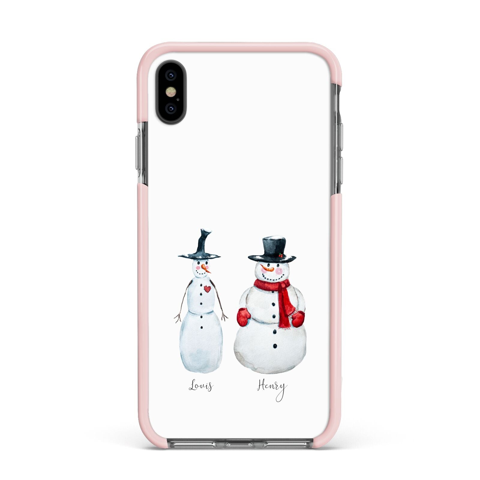 Personalised Two Snowmen Apple iPhone Xs Max Impact Case Pink Edge on Black Phone