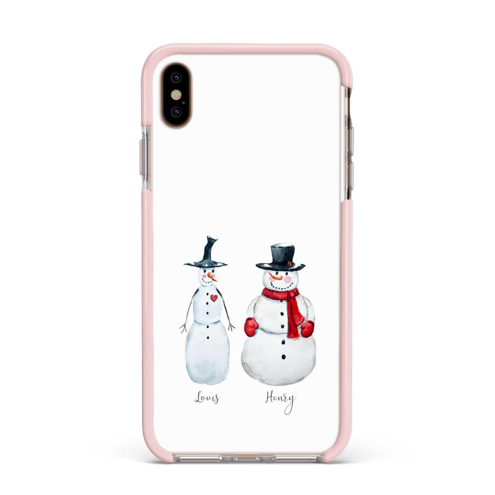 Personalised Two Snowmen Apple iPhone Xs Max Impact Case Pink Edge on Gold Phone