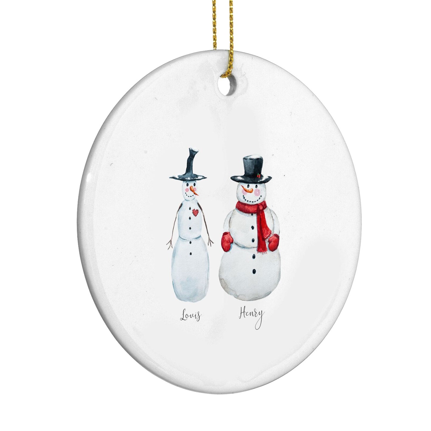 Personalised Two Snowmen Circle Decoration Side Angle