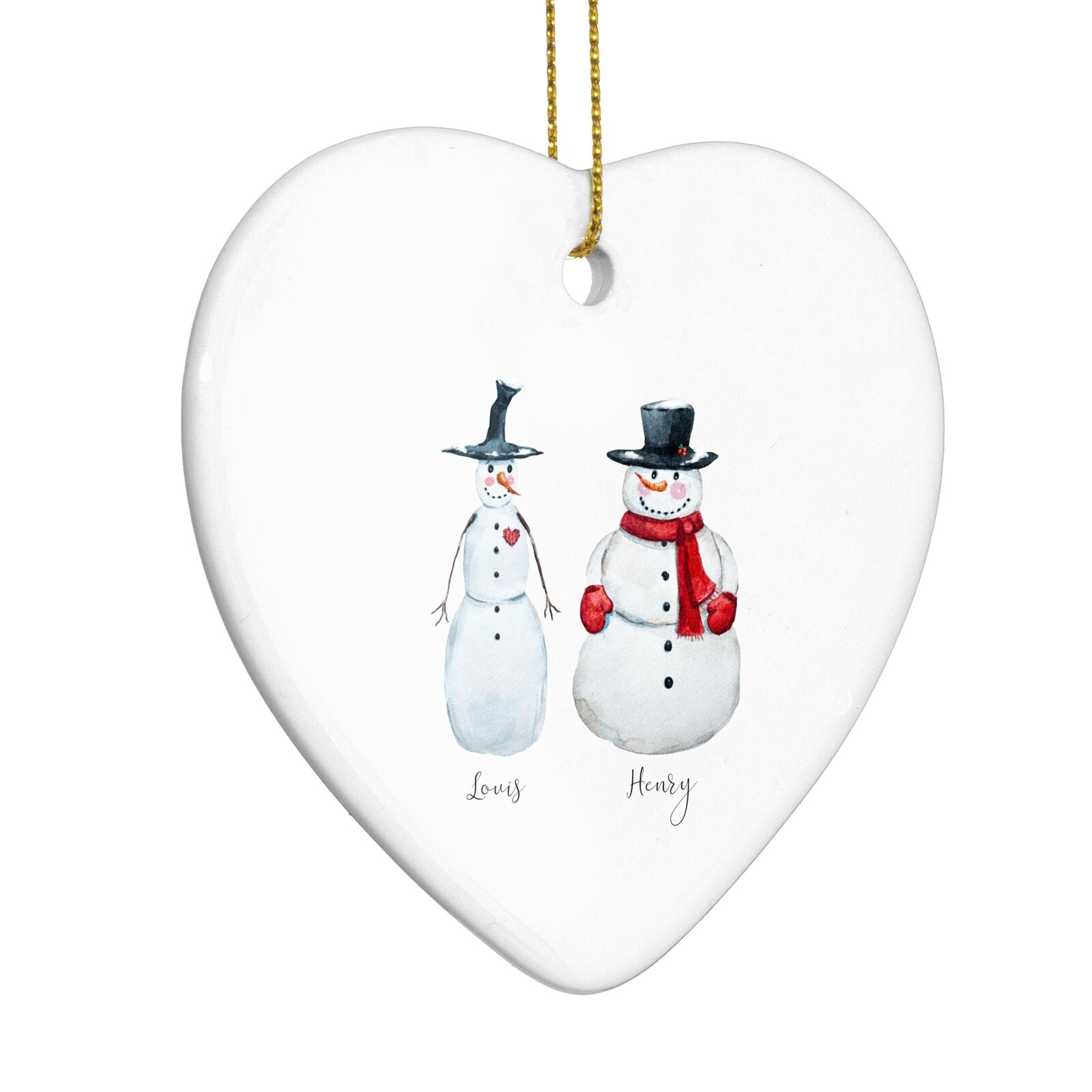 Personalised Two Snowmen Heart Decoration Side Angle