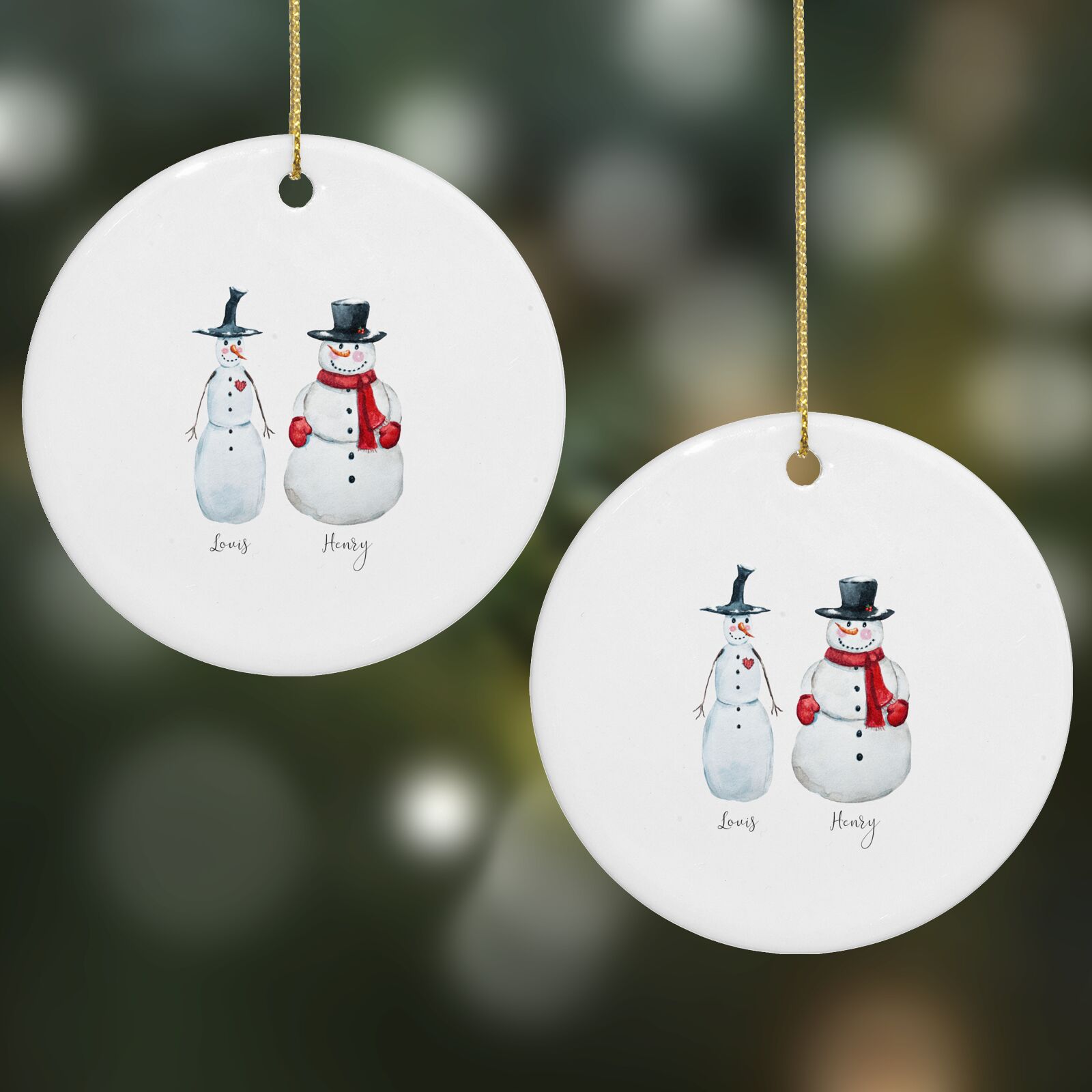 Personalised Two Snowmen Round Decoration on Christmas Background