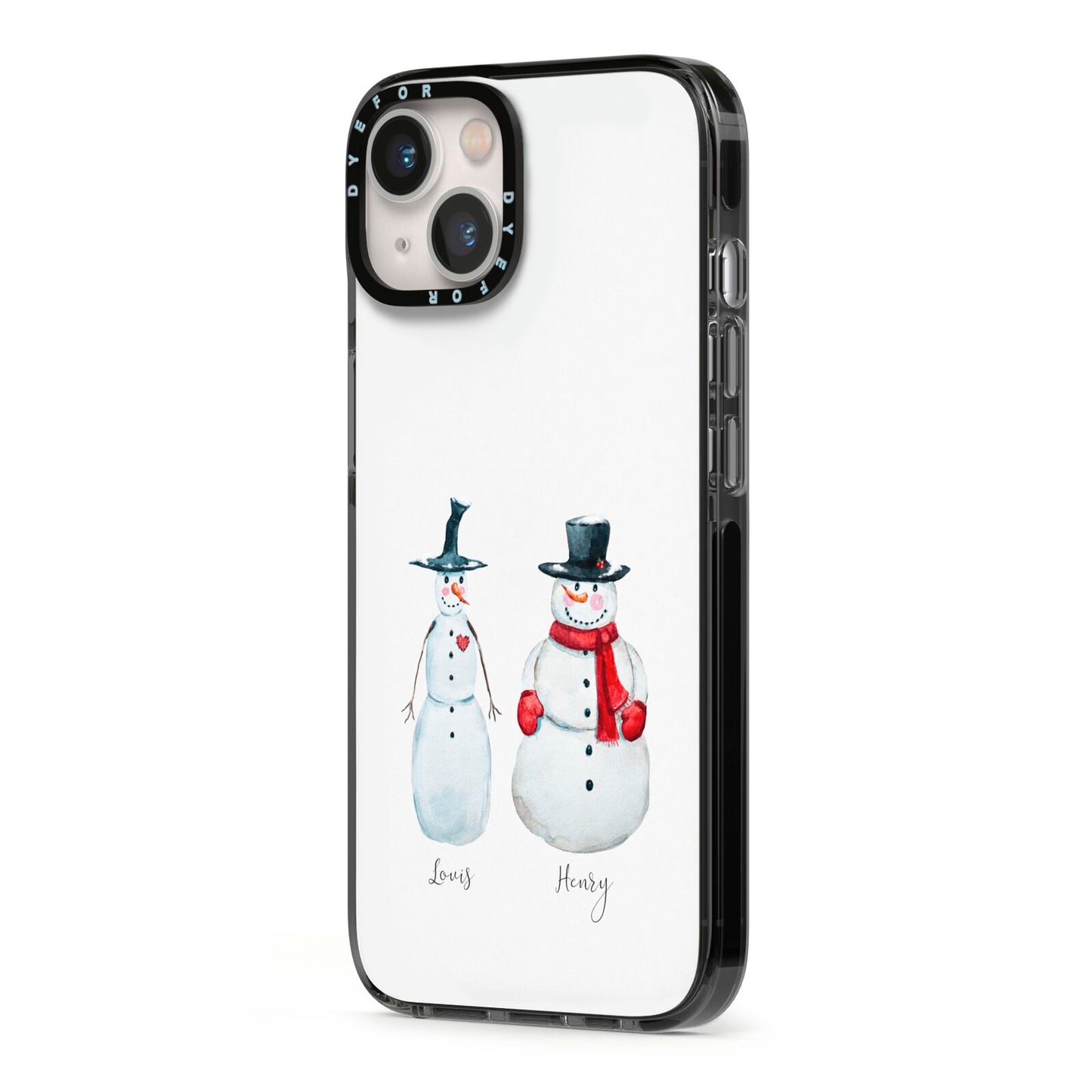 Personalised Two Snowmen iPhone 13 Black Impact Case Side Angle on Silver phone