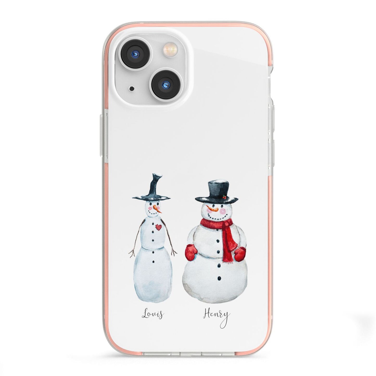 Personalised Two Snowmen iPhone 13 Mini TPU Impact Case with Pink Edges