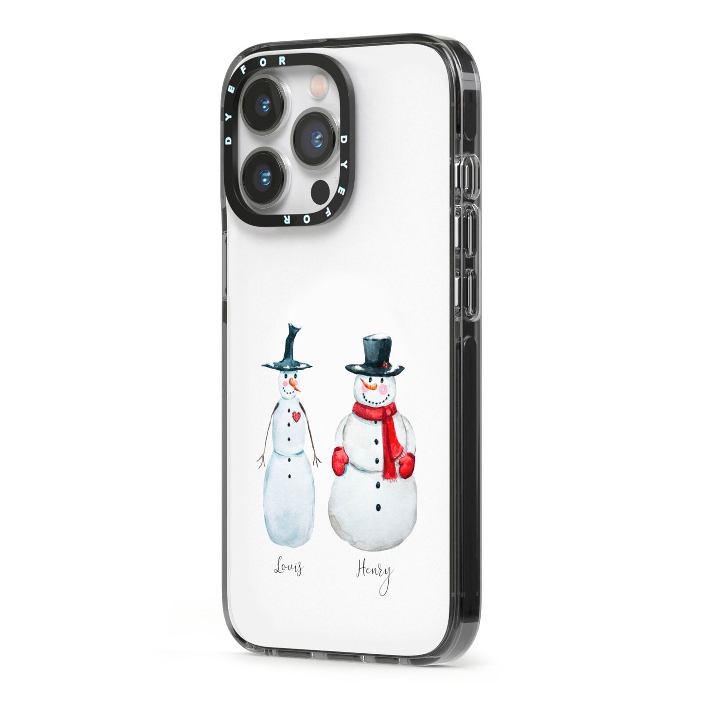 Personalised Two Snowmen iPhone 13 Pro Black Impact Case Side Angle on Silver phone