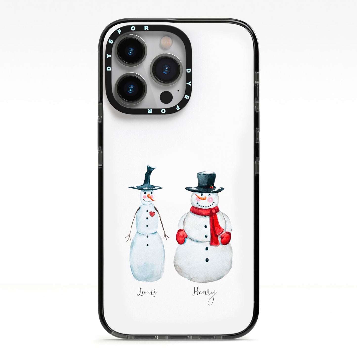 Personalised Two Snowmen iPhone 13 Pro Black Impact Case on Silver phone
