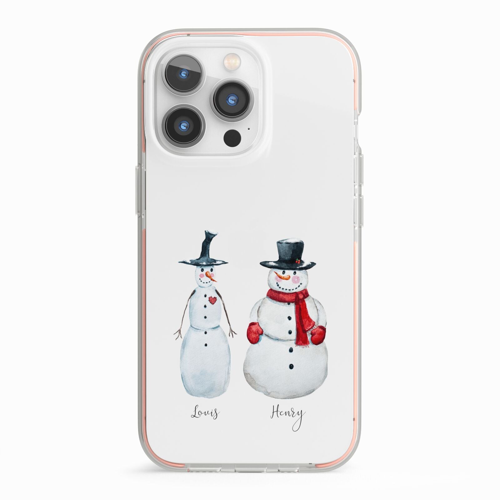 Personalised Two Snowmen iPhone 13 Pro TPU Impact Case with Pink Edges