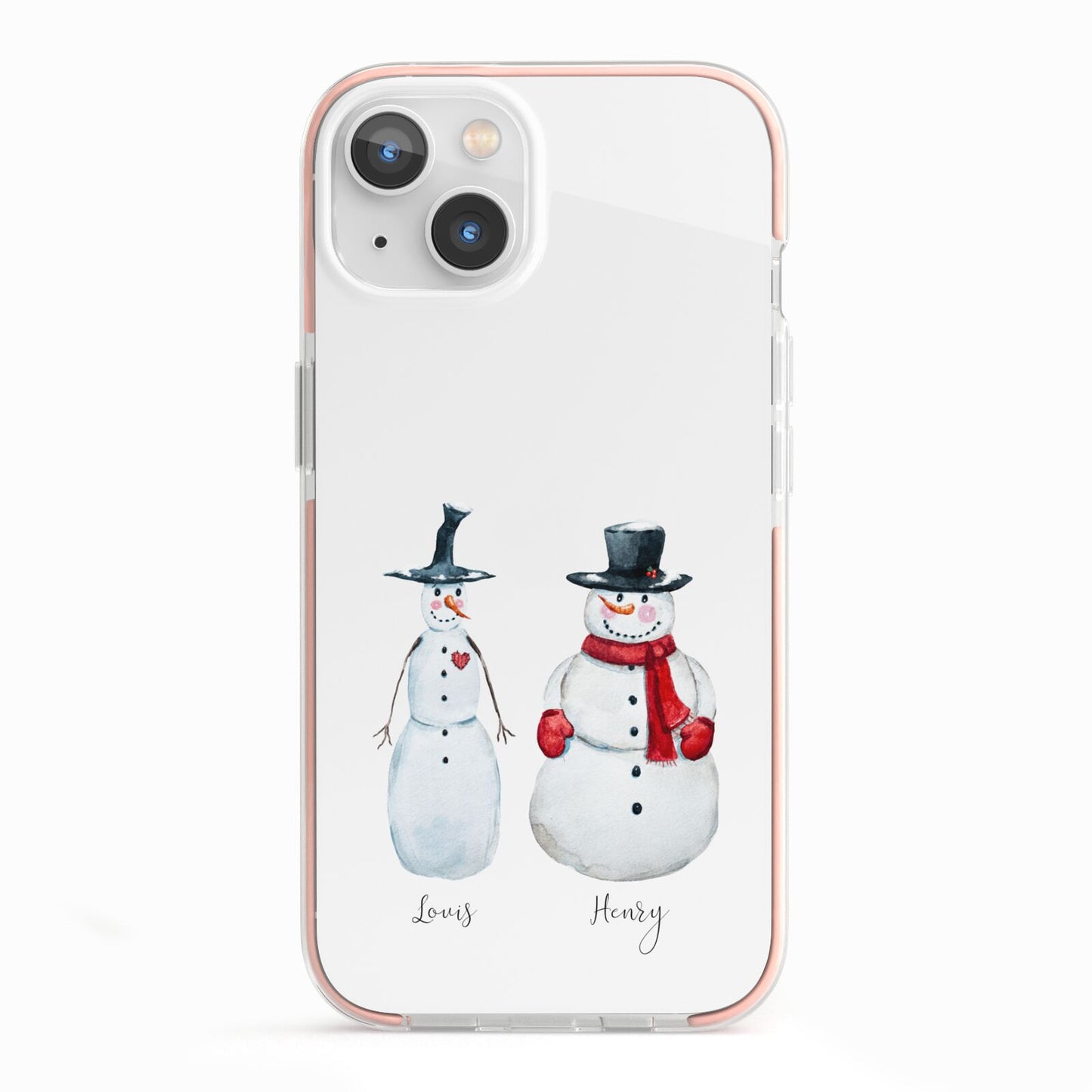Personalised Two Snowmen iPhone 13 TPU Impact Case with Pink Edges