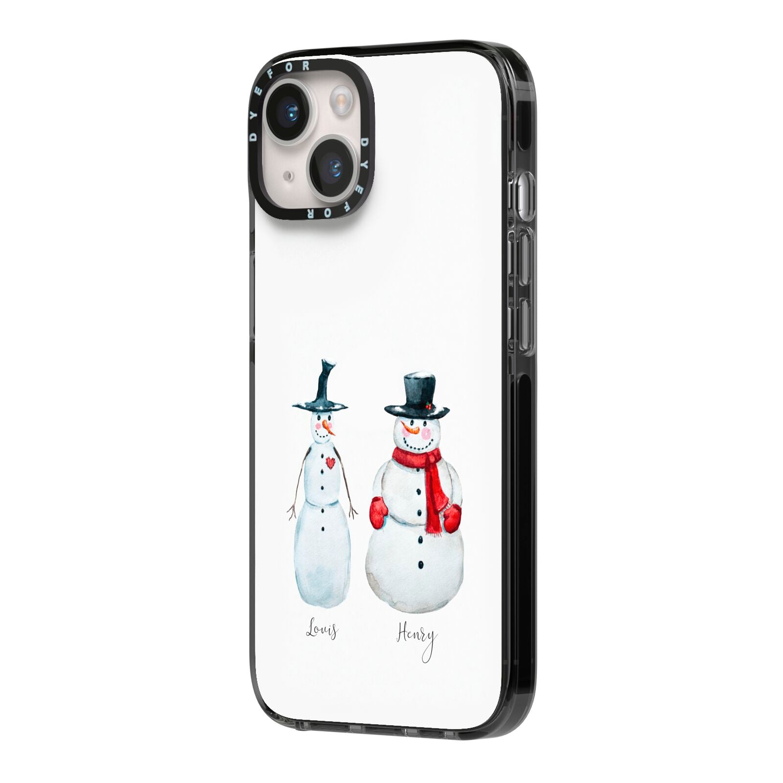 Personalised Two Snowmen iPhone 14 Black Impact Case Side Angle on Silver phone