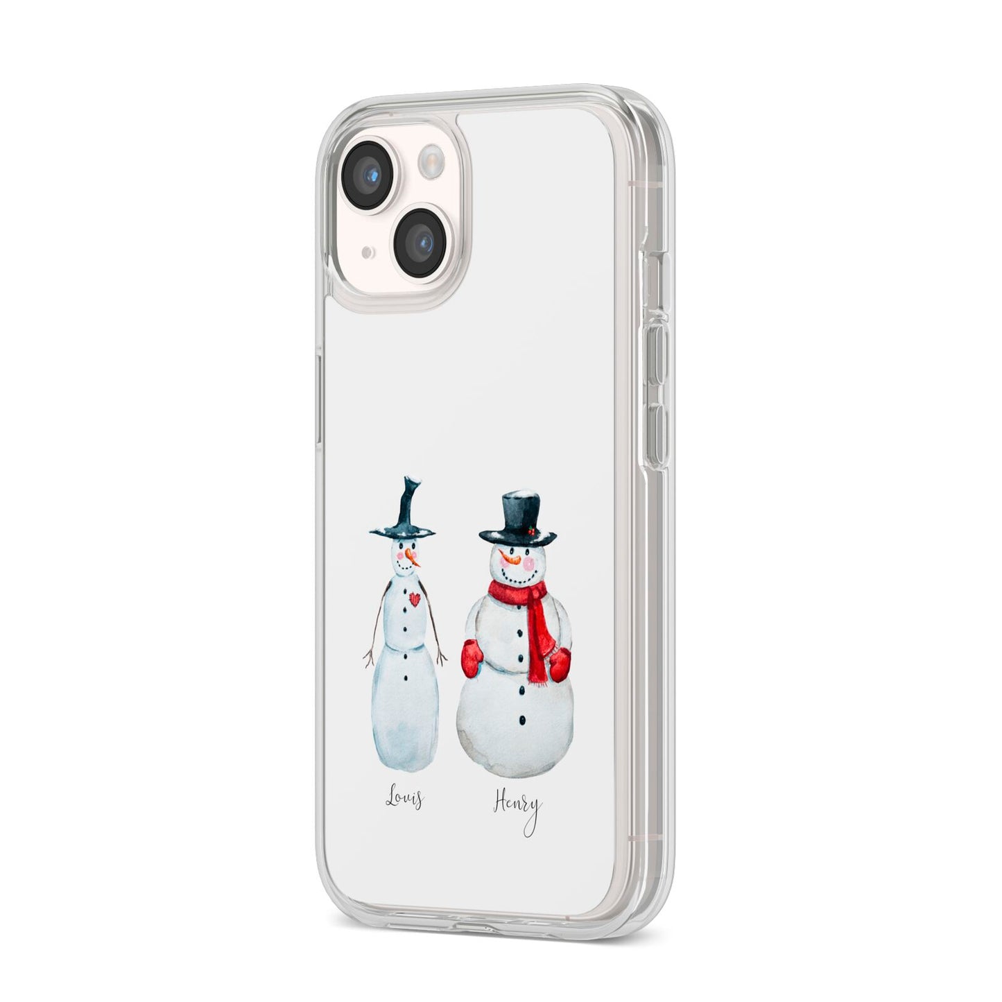 Personalised Two Snowmen iPhone 14 Clear Tough Case Starlight Angled Image