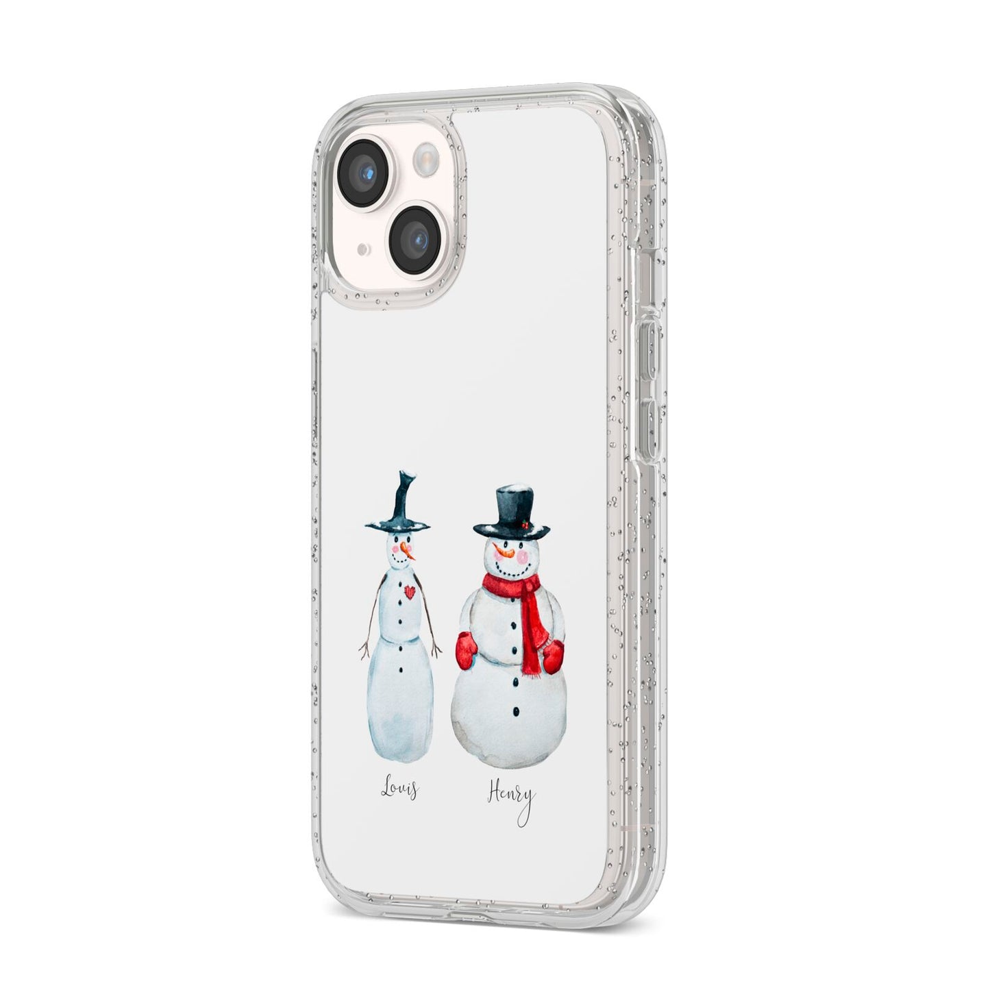Personalised Two Snowmen iPhone 14 Glitter Tough Case Starlight Angled Image