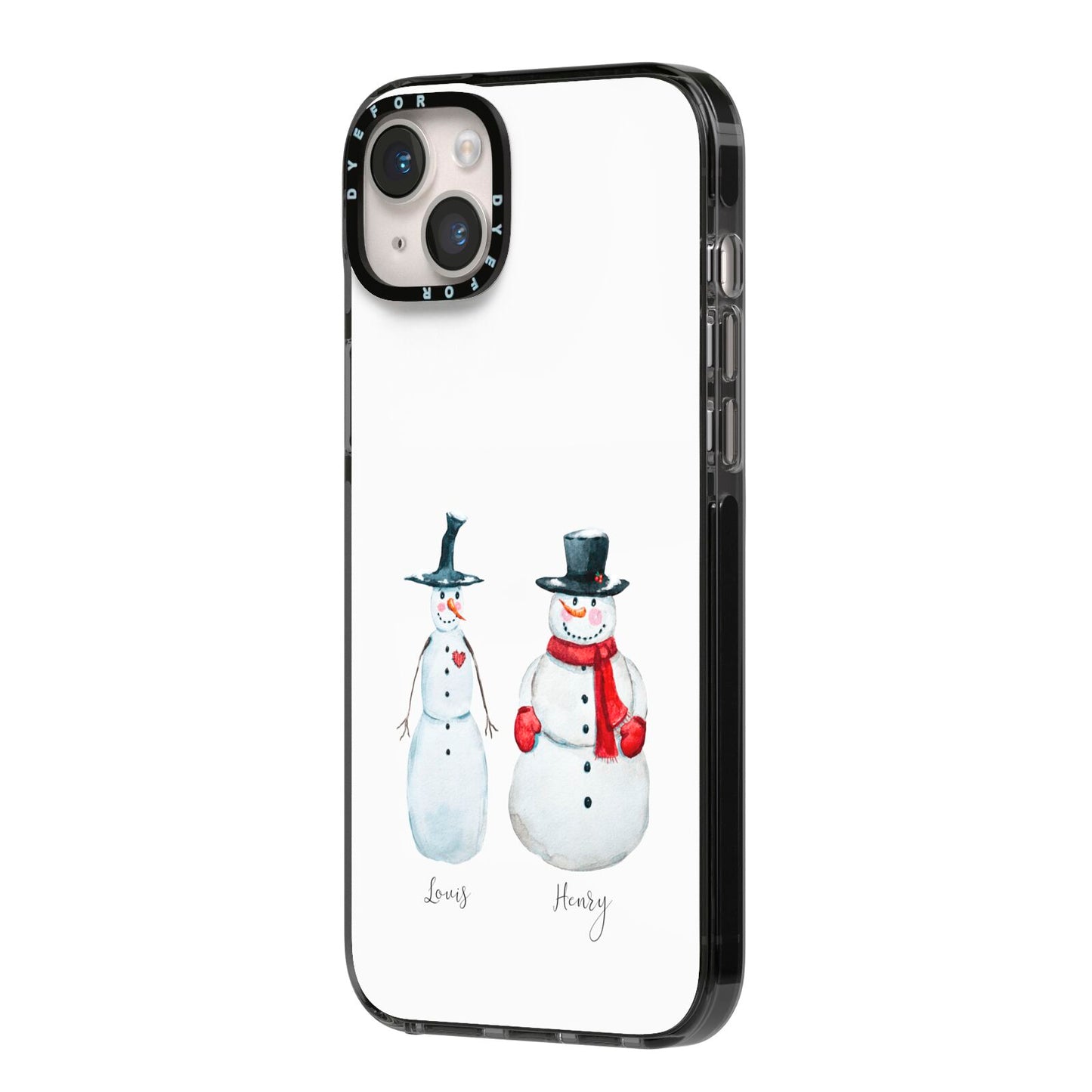 Personalised Two Snowmen iPhone 14 Plus Black Impact Case Side Angle on Silver phone