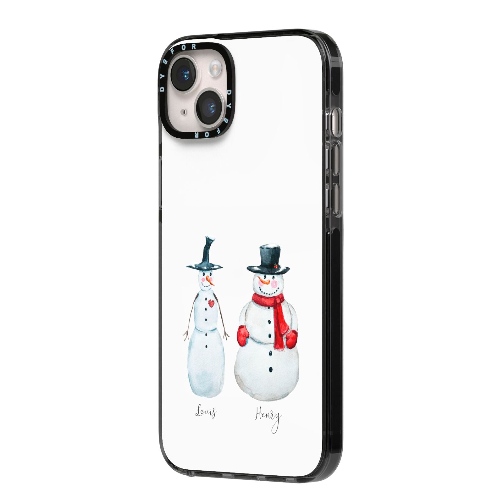 Personalised Two Snowmen iPhone 14 Plus Black Impact Case Side Angle on Silver phone
