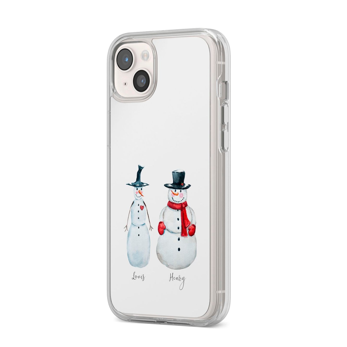 Personalised Two Snowmen iPhone 14 Plus Clear Tough Case Starlight Angled Image
