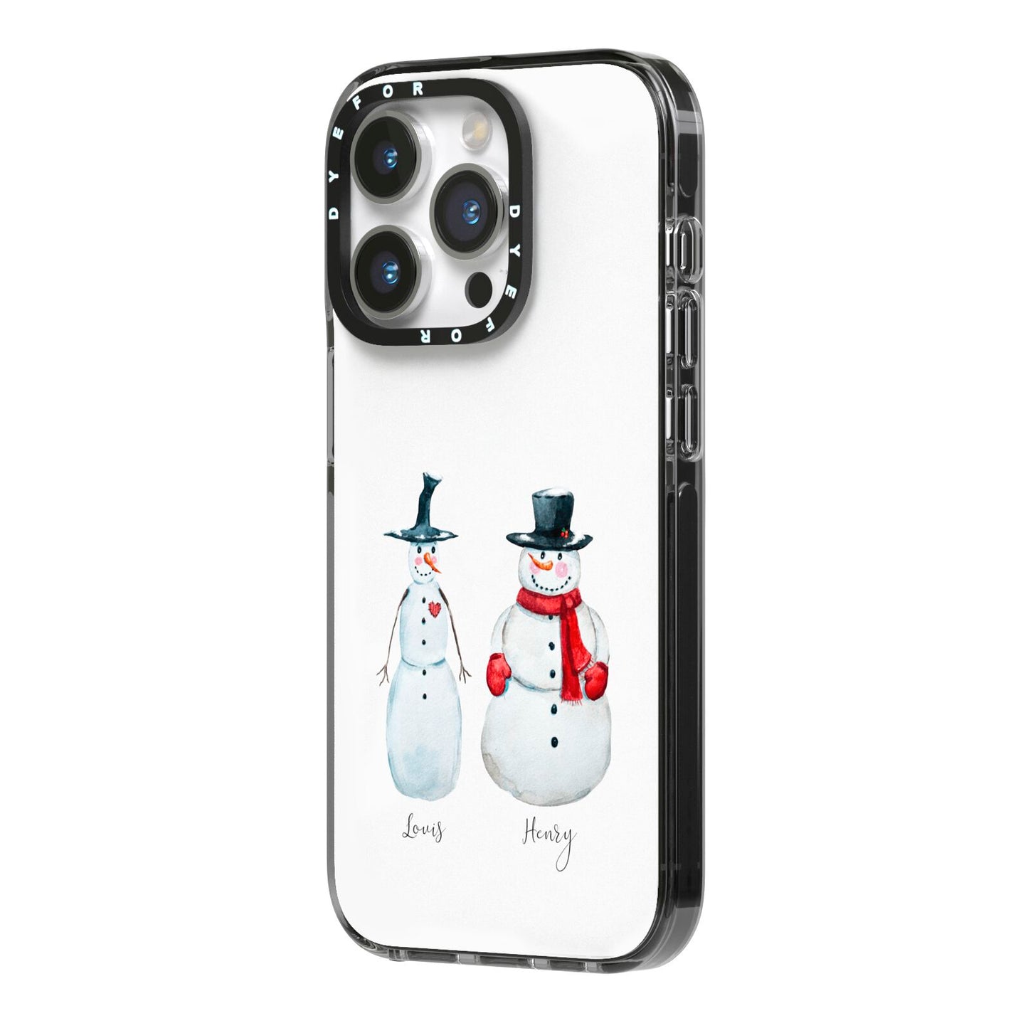 Personalised Two Snowmen iPhone 14 Pro Black Impact Case Side Angle on Silver phone