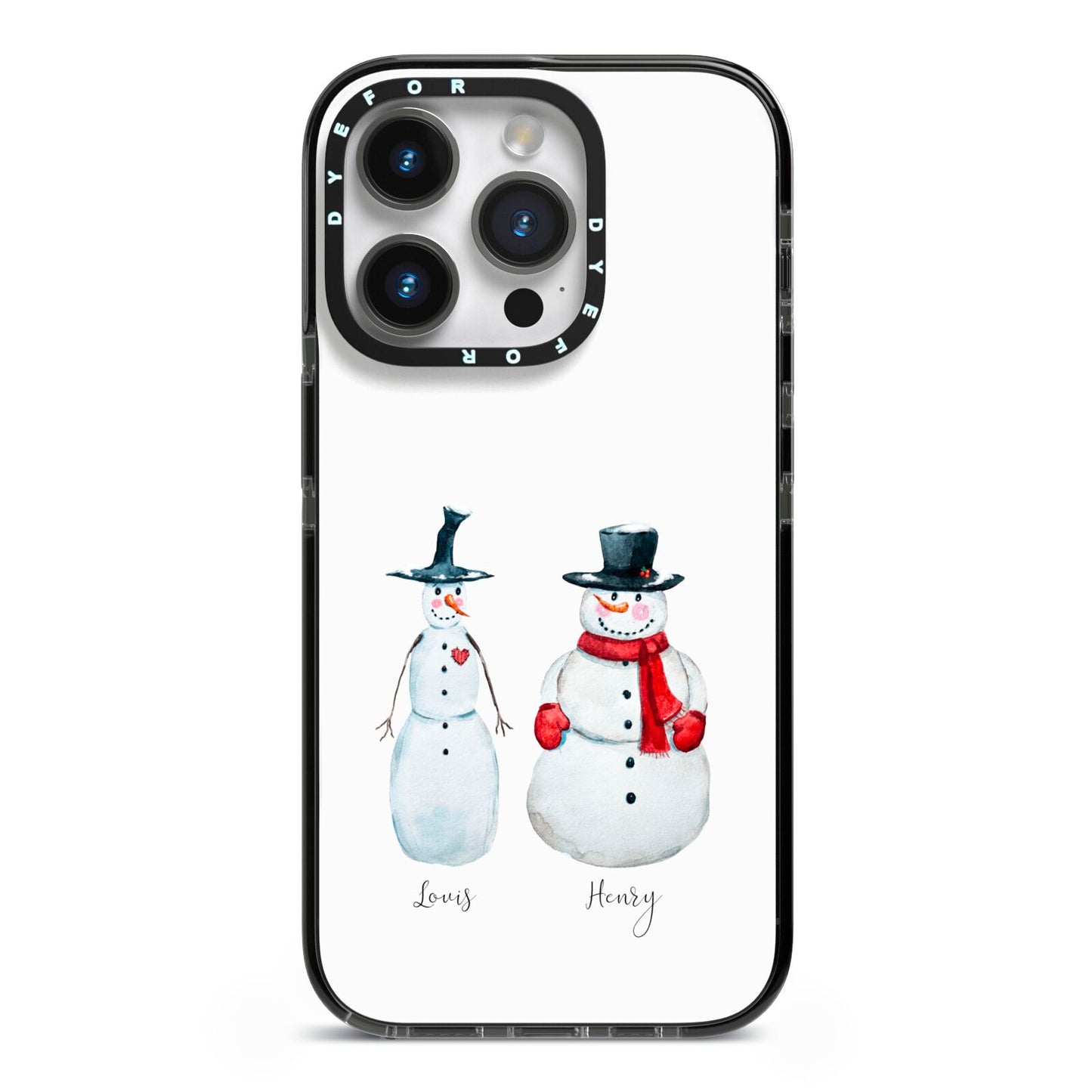 Personalised Two Snowmen iPhone 14 Pro Black Impact Case on Silver phone