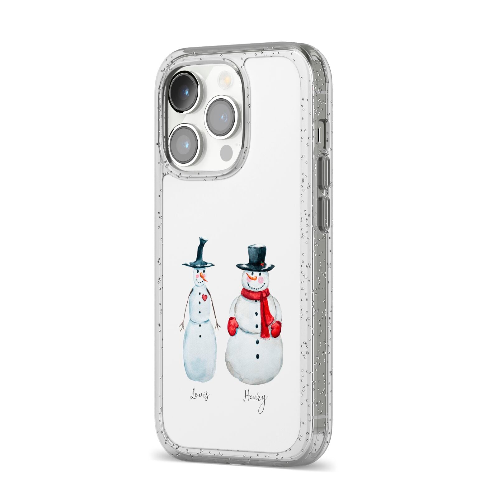 Personalised Two Snowmen iPhone 14 Pro Glitter Tough Case Silver Angled Image