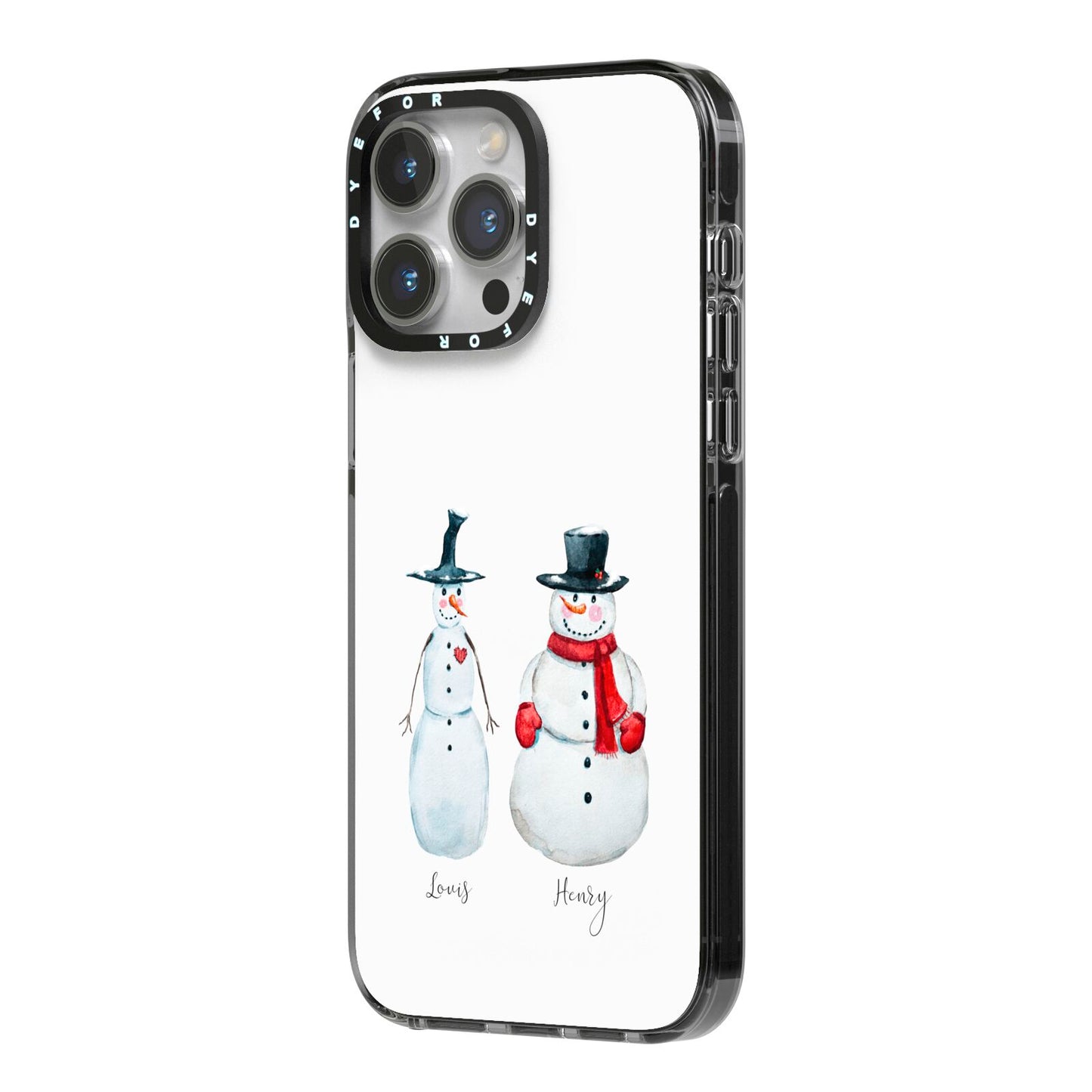 Personalised Two Snowmen iPhone 14 Pro Max Black Impact Case Side Angle on Silver phone