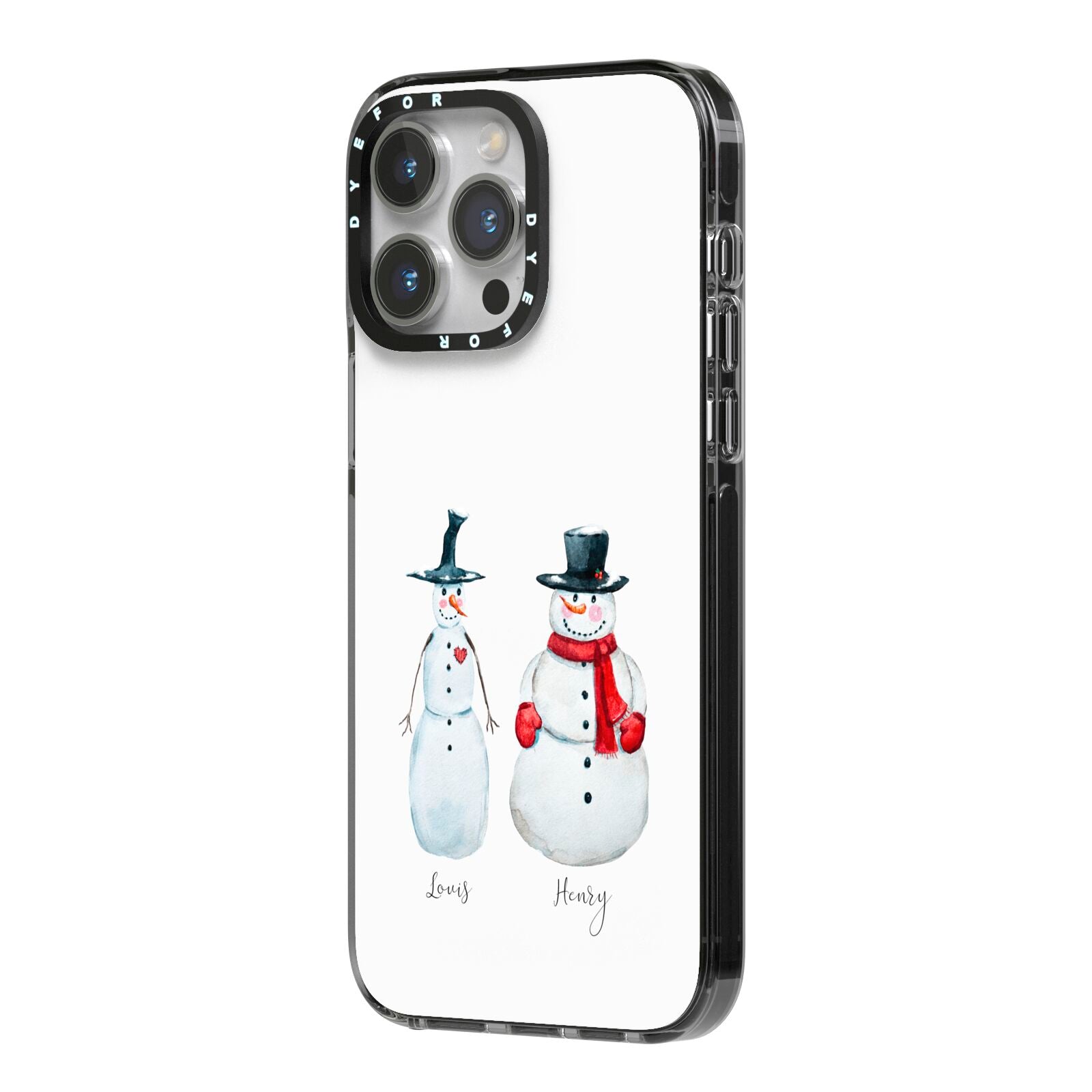 Personalised Two Snowmen iPhone 14 Pro Max Black Impact Case Side Angle on Silver phone