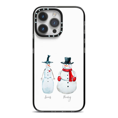 Personalised Two Snowmen iPhone 14 Pro Max Black Impact Case on Silver phone
