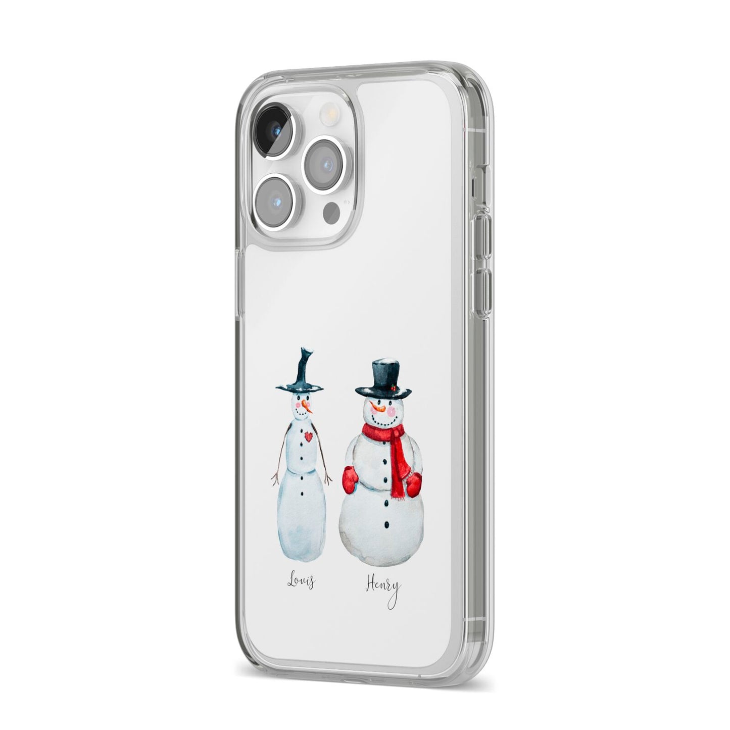 Personalised Two Snowmen iPhone 14 Pro Max Clear Tough Case Silver Angled Image