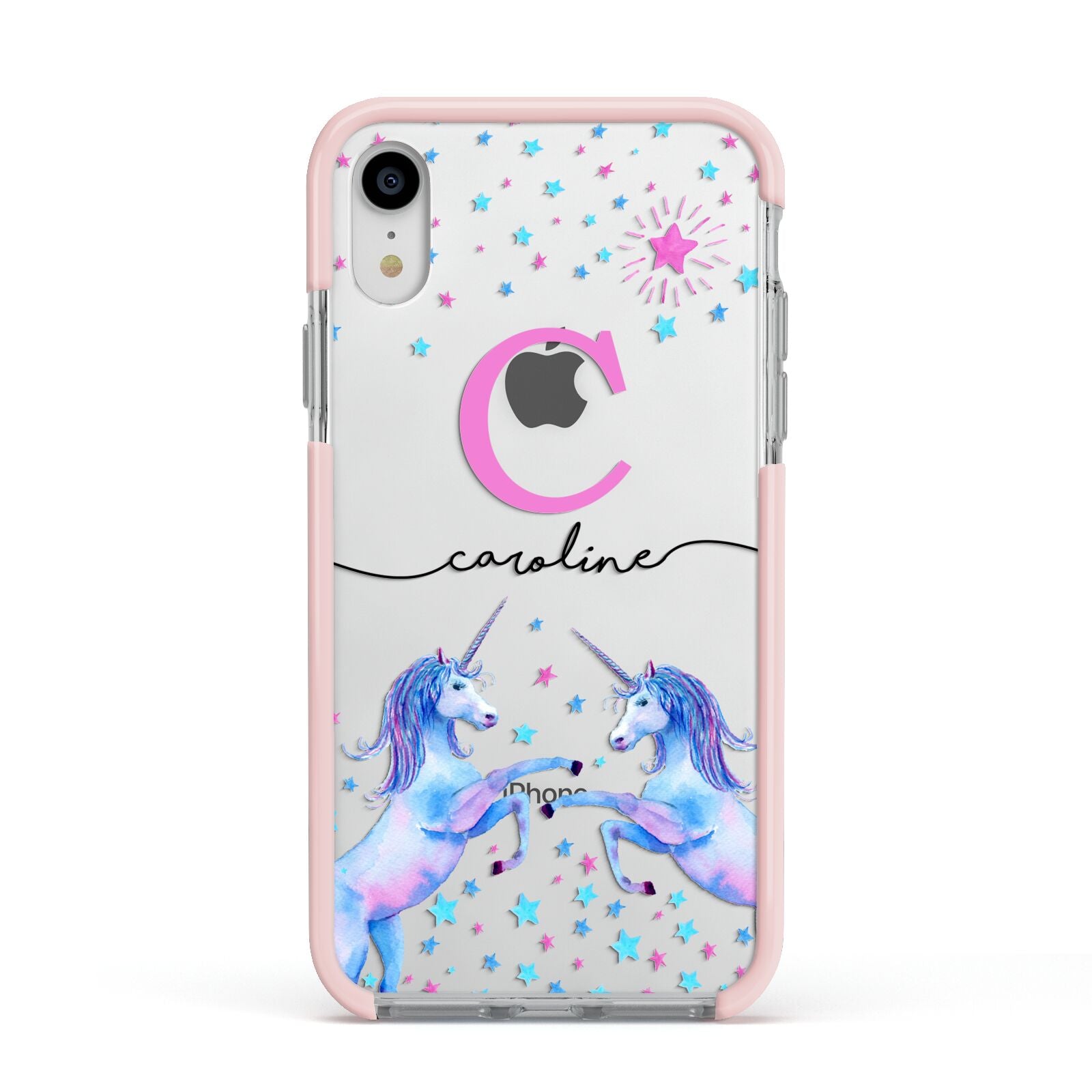 Personalised Unicorn Apple iPhone XR Impact Case Pink Edge on Silver Phone