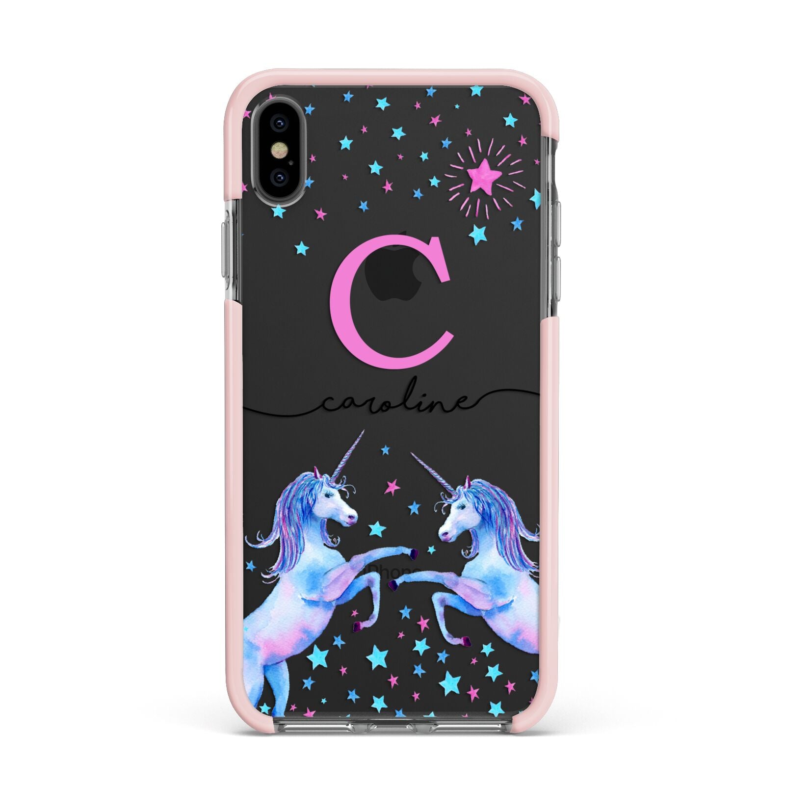 Personalised Unicorn Apple iPhone Xs Max Impact Case Pink Edge on Black Phone