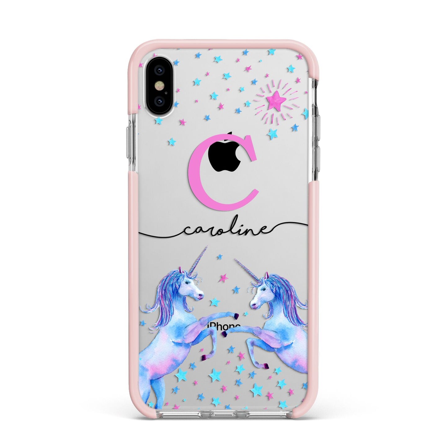 Personalised Unicorn Apple iPhone Xs Max Impact Case Pink Edge on Silver Phone