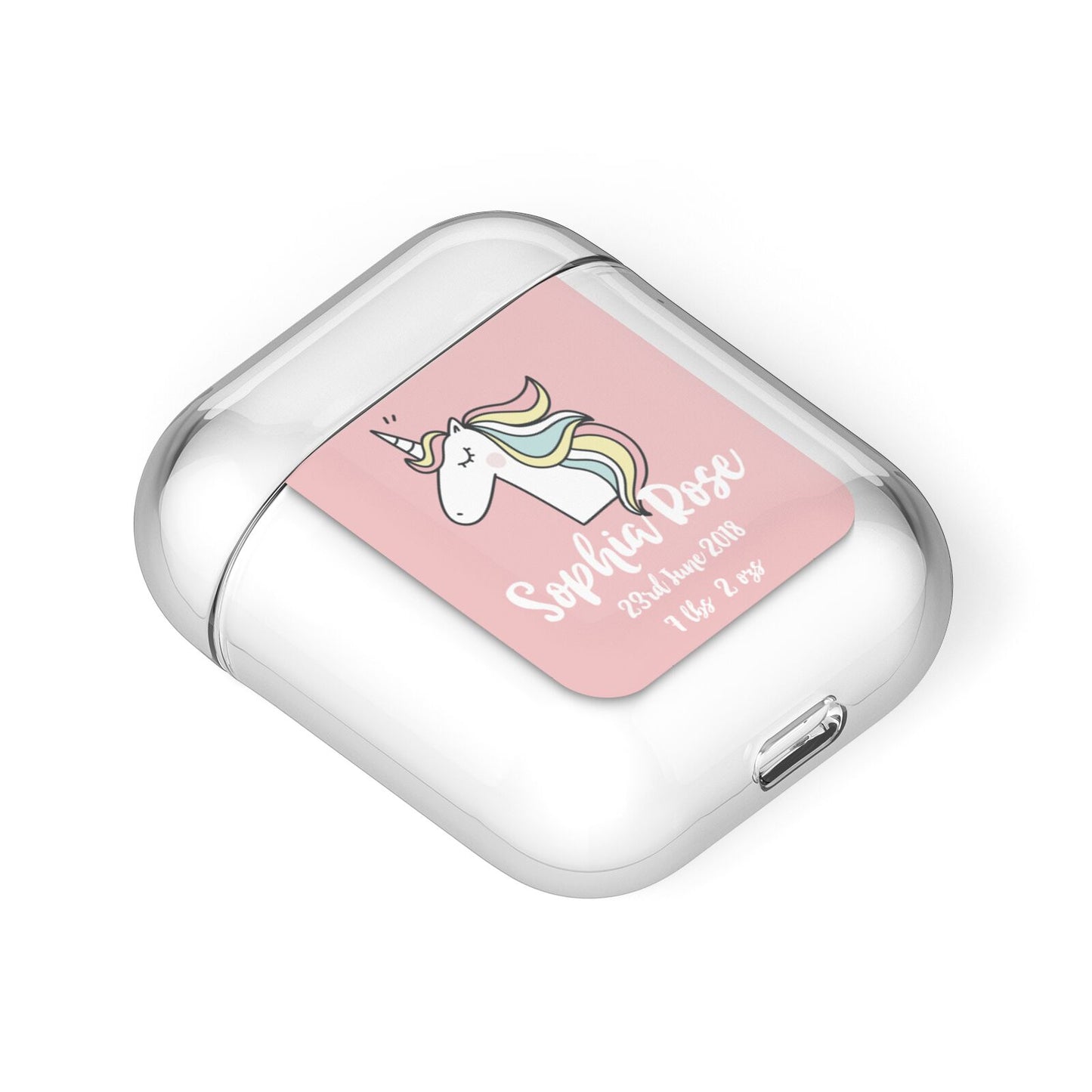 Personalised Unicorn Baby AirPods Case Laid Flat