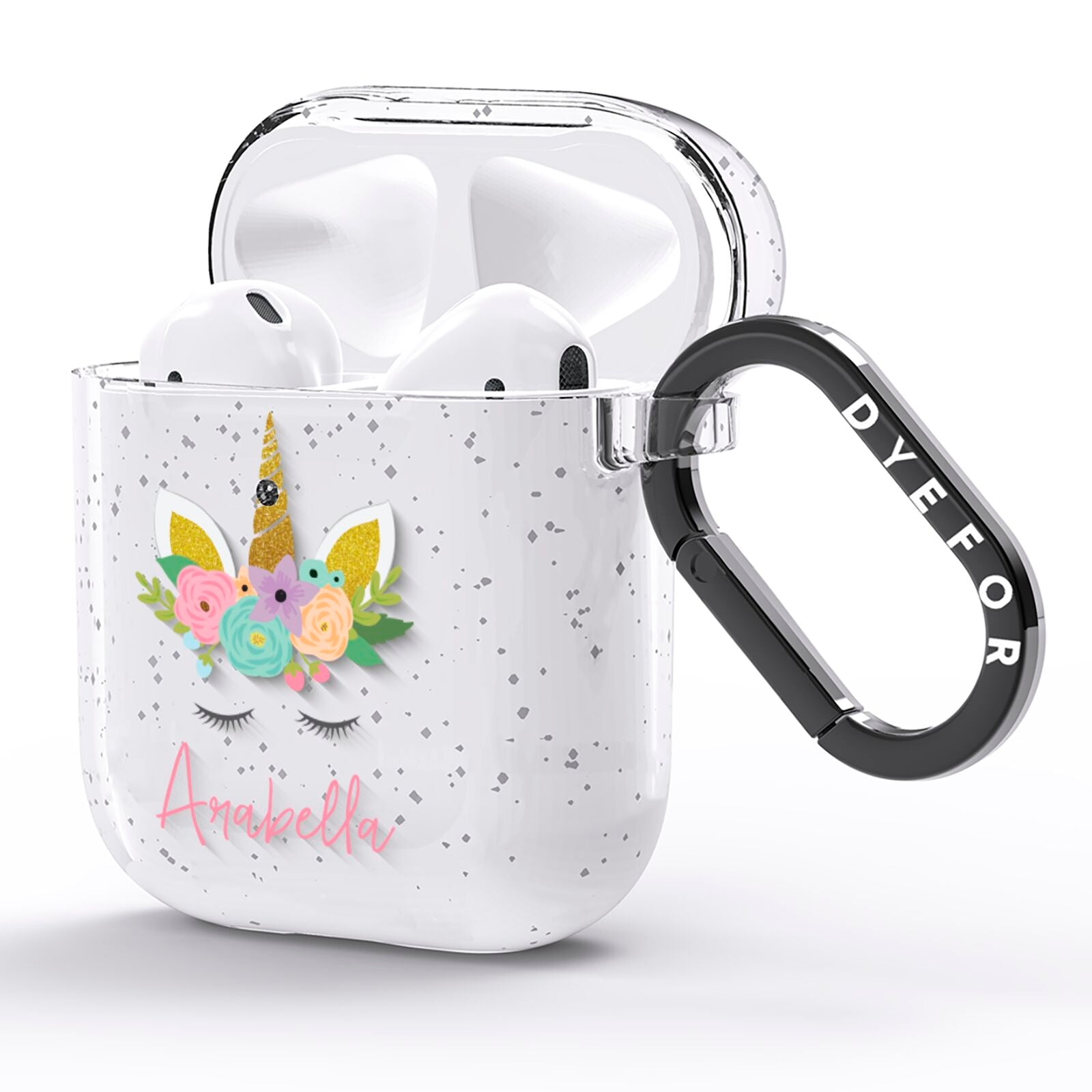 Personalised Unicorn Face AirPods Glitter Case Side Image