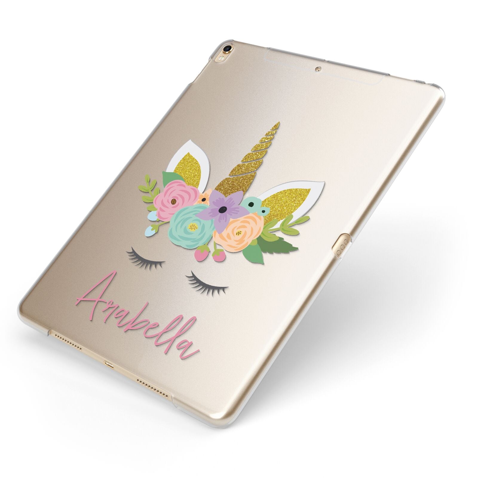 Personalised Unicorn Face Apple iPad Case on Gold iPad Side View