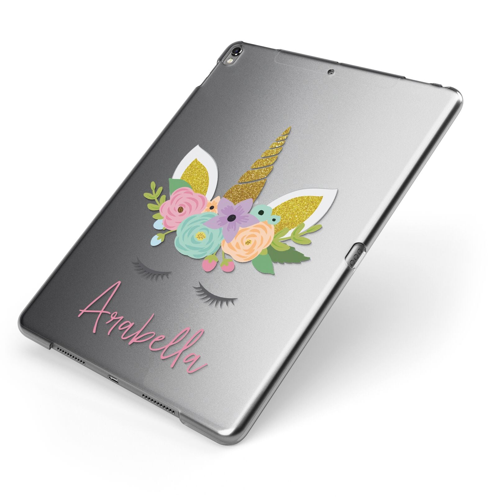 Personalised Unicorn Face Apple iPad Case on Grey iPad Side View
