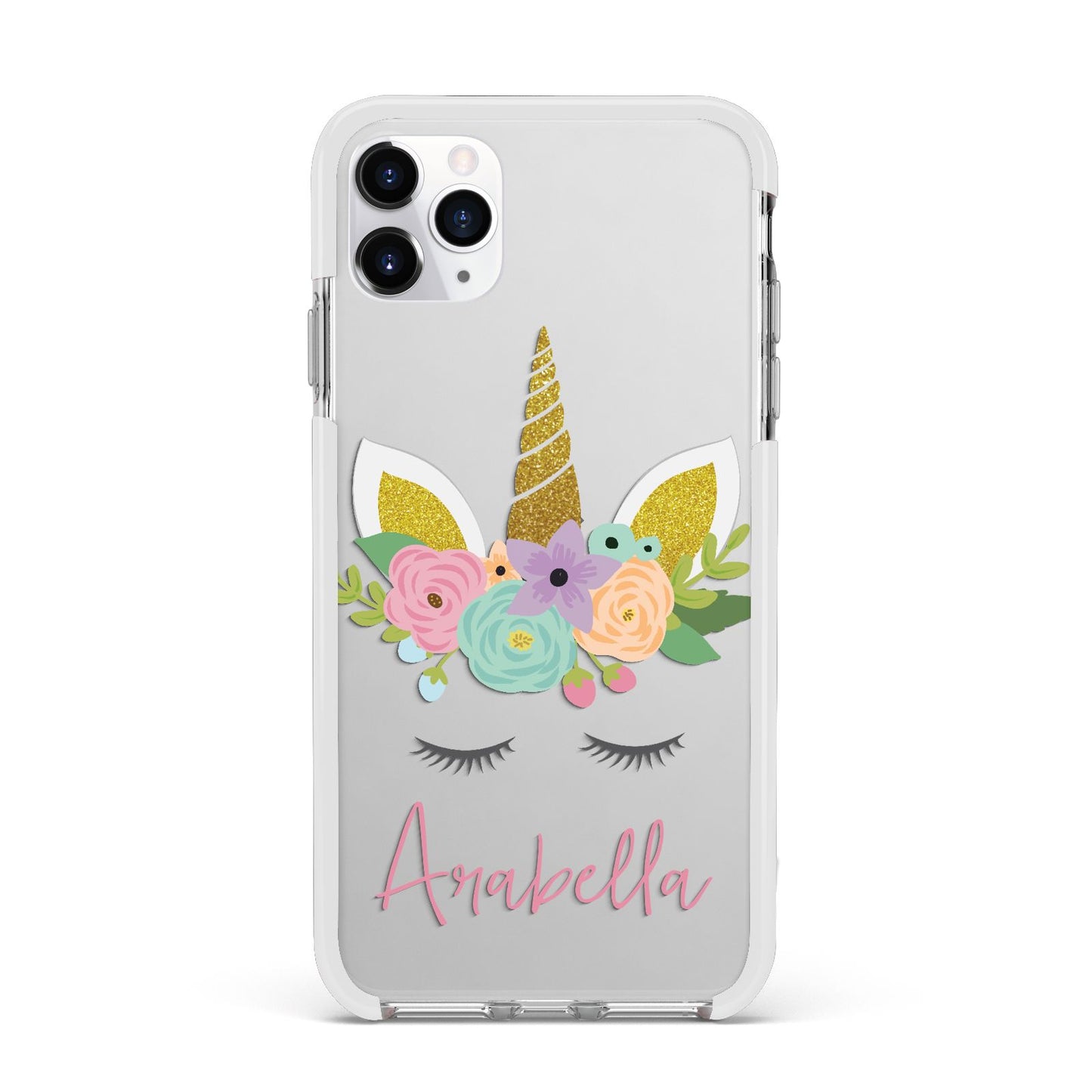 Personalised Unicorn Face Apple iPhone 11 Pro Max in Silver with White Impact Case