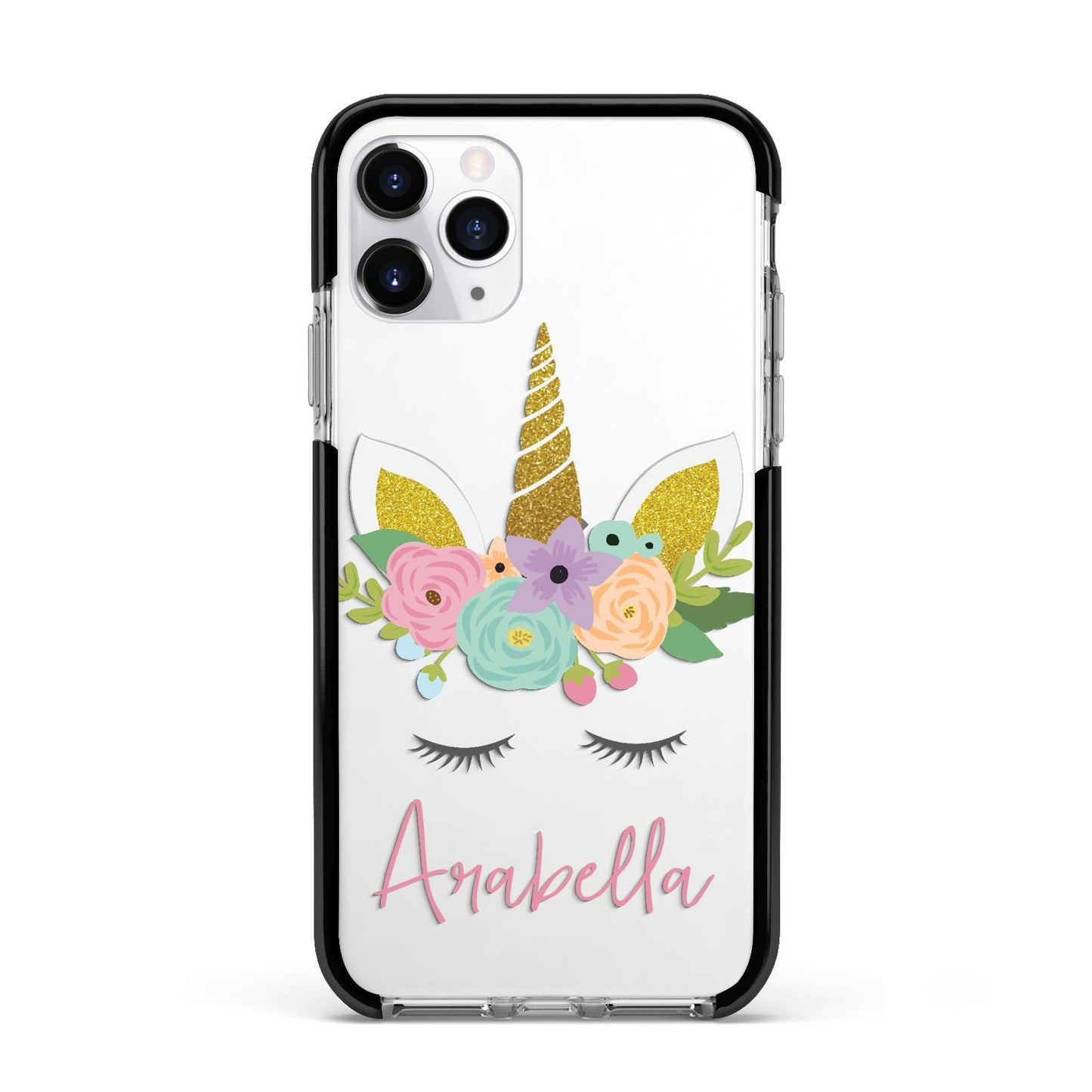 Personalised Unicorn Face Apple iPhone 11 Pro in Silver with Black Impact Case