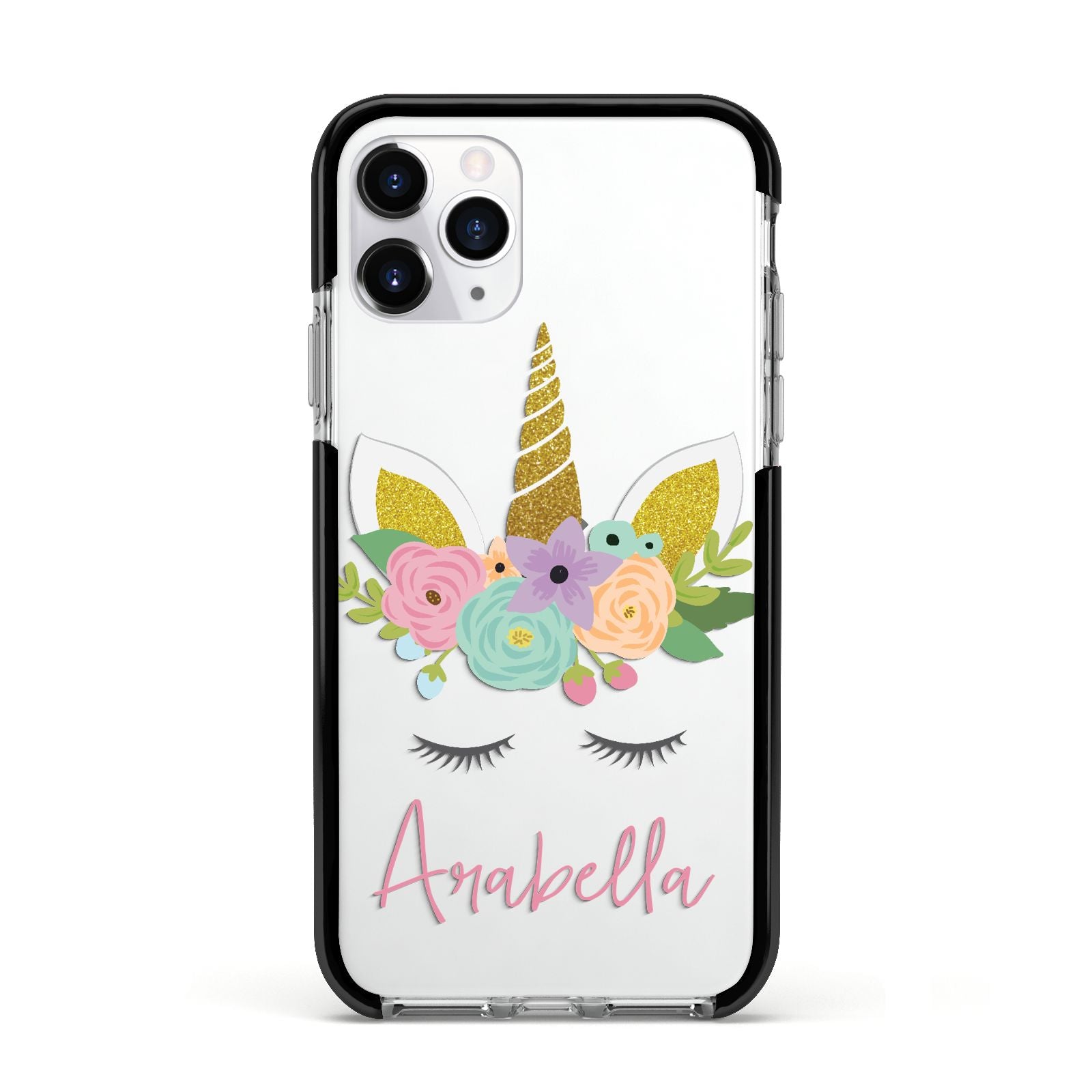 Personalised Unicorn Face Apple iPhone 11 Pro in Silver with Black Impact Case