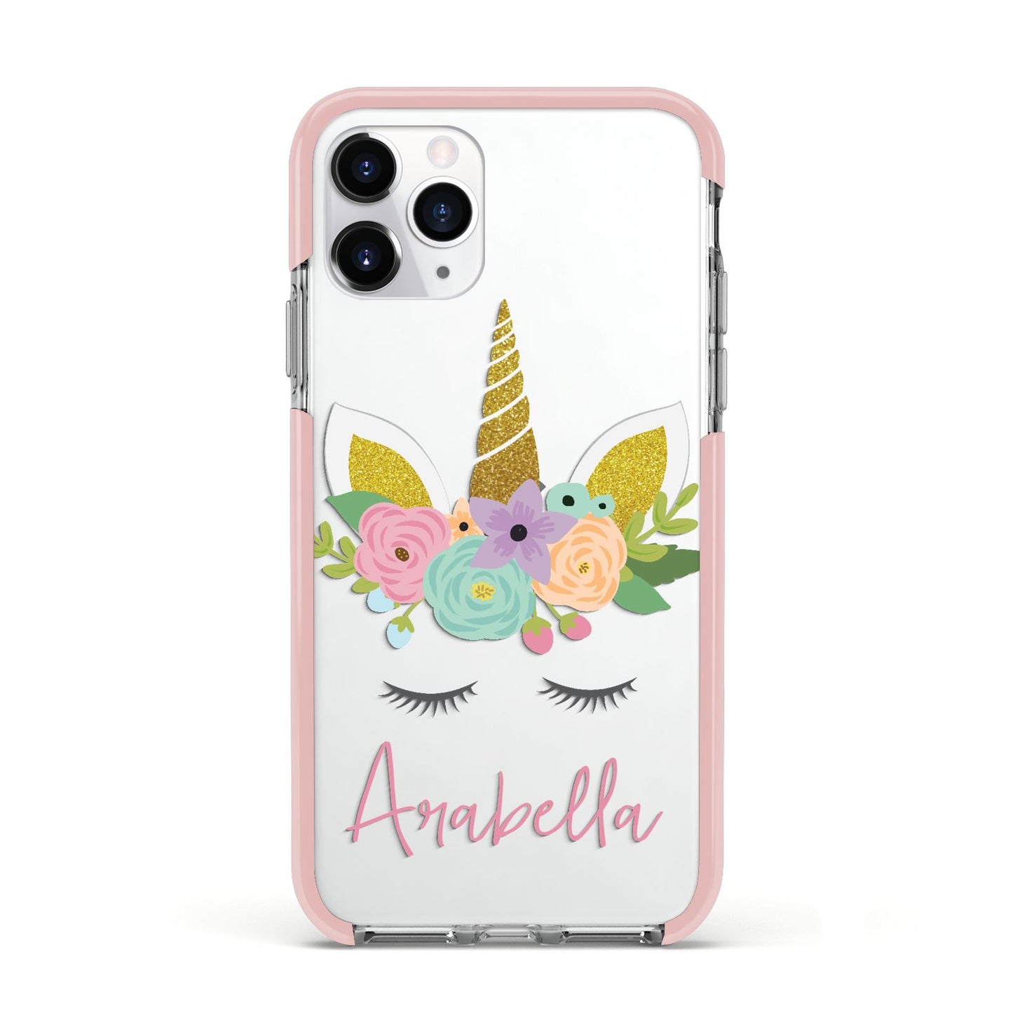 Personalised Unicorn Face Apple iPhone 11 Pro in Silver with Pink Impact Case