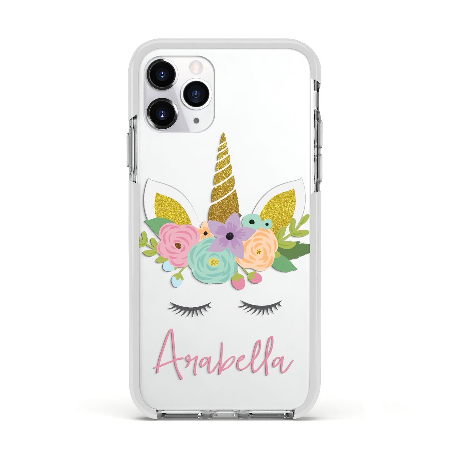 Personalised Unicorn Face Apple iPhone 11 Pro in Silver with White Impact Case