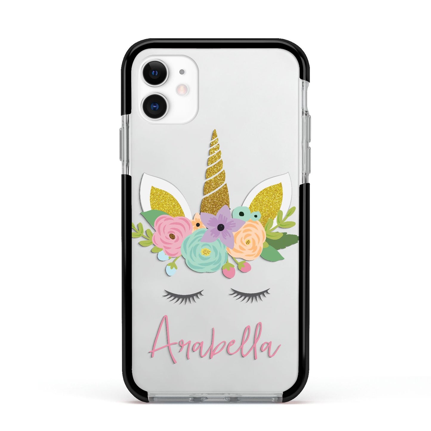 Personalised Unicorn Face Apple iPhone 11 in White with Black Impact Case