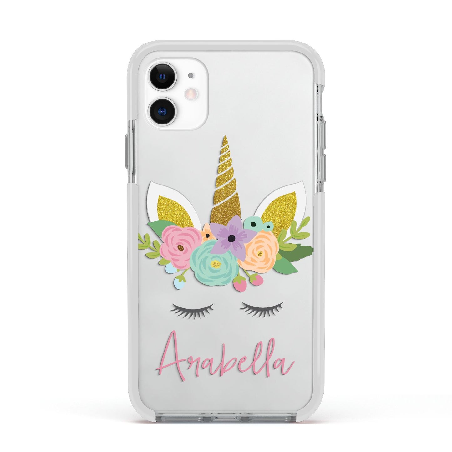 Personalised Unicorn Face Apple iPhone 11 in White with White Impact Case