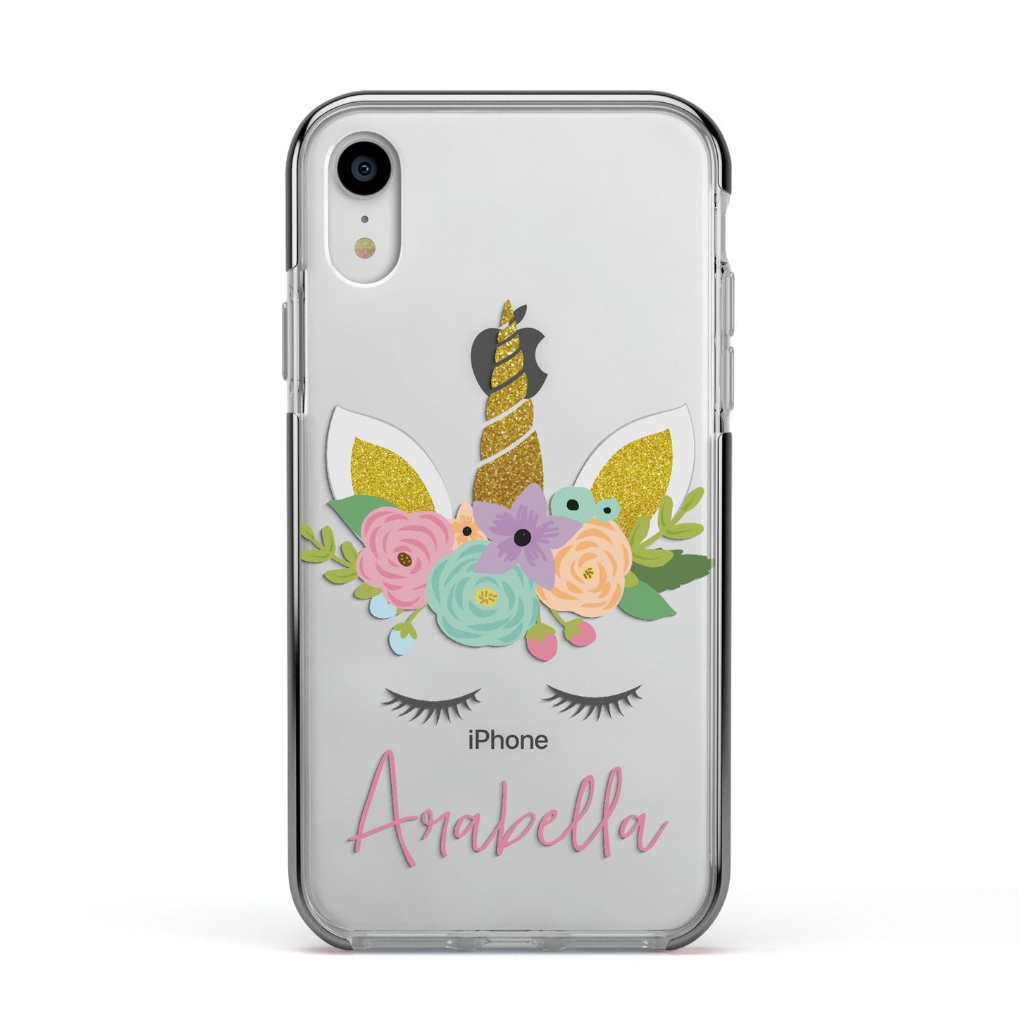Personalised Unicorn Face Apple iPhone XR Impact Case Black Edge on Silver Phone