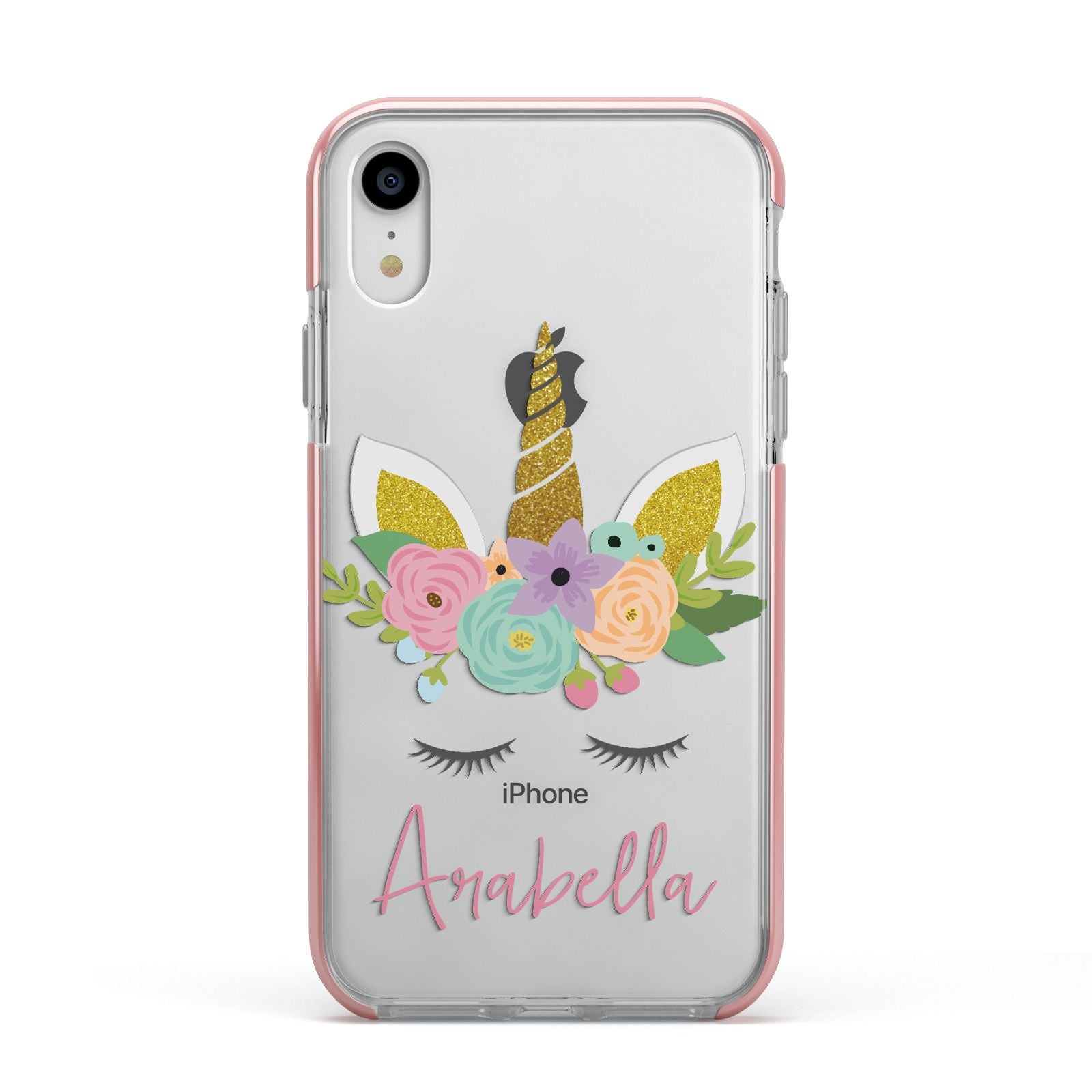 Personalised Unicorn Face Apple iPhone XR Impact Case Pink Edge on Silver Phone