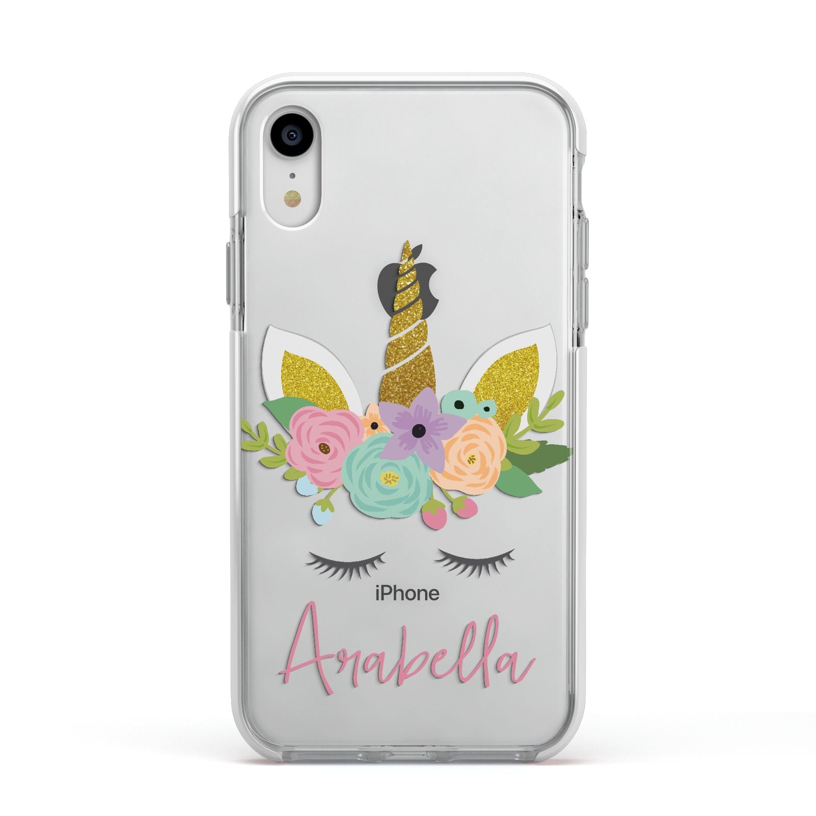 Personalised Unicorn Face Apple iPhone XR Impact Case White Edge on Silver Phone