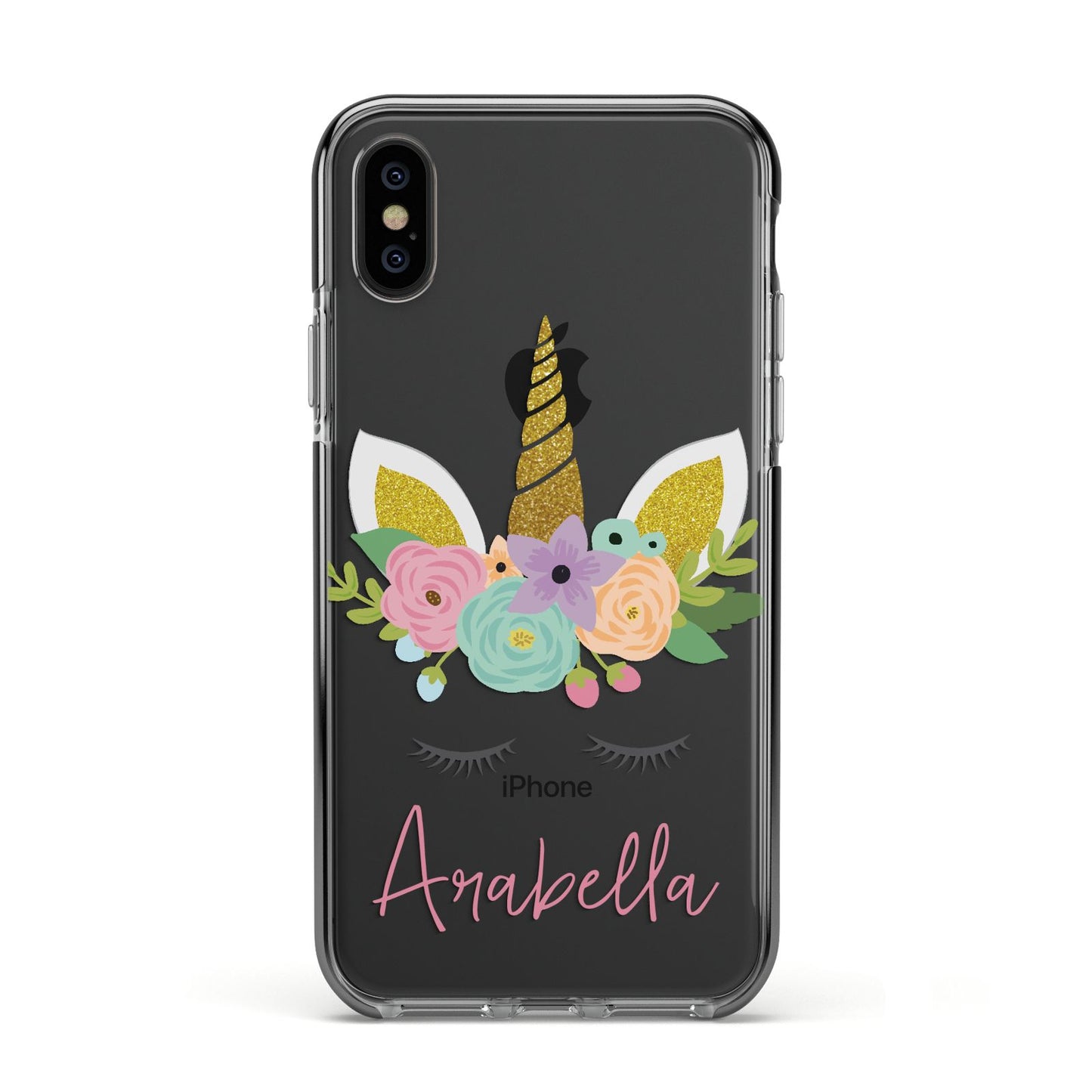 Personalised Unicorn Face Apple iPhone Xs Impact Case Black Edge on Black Phone
