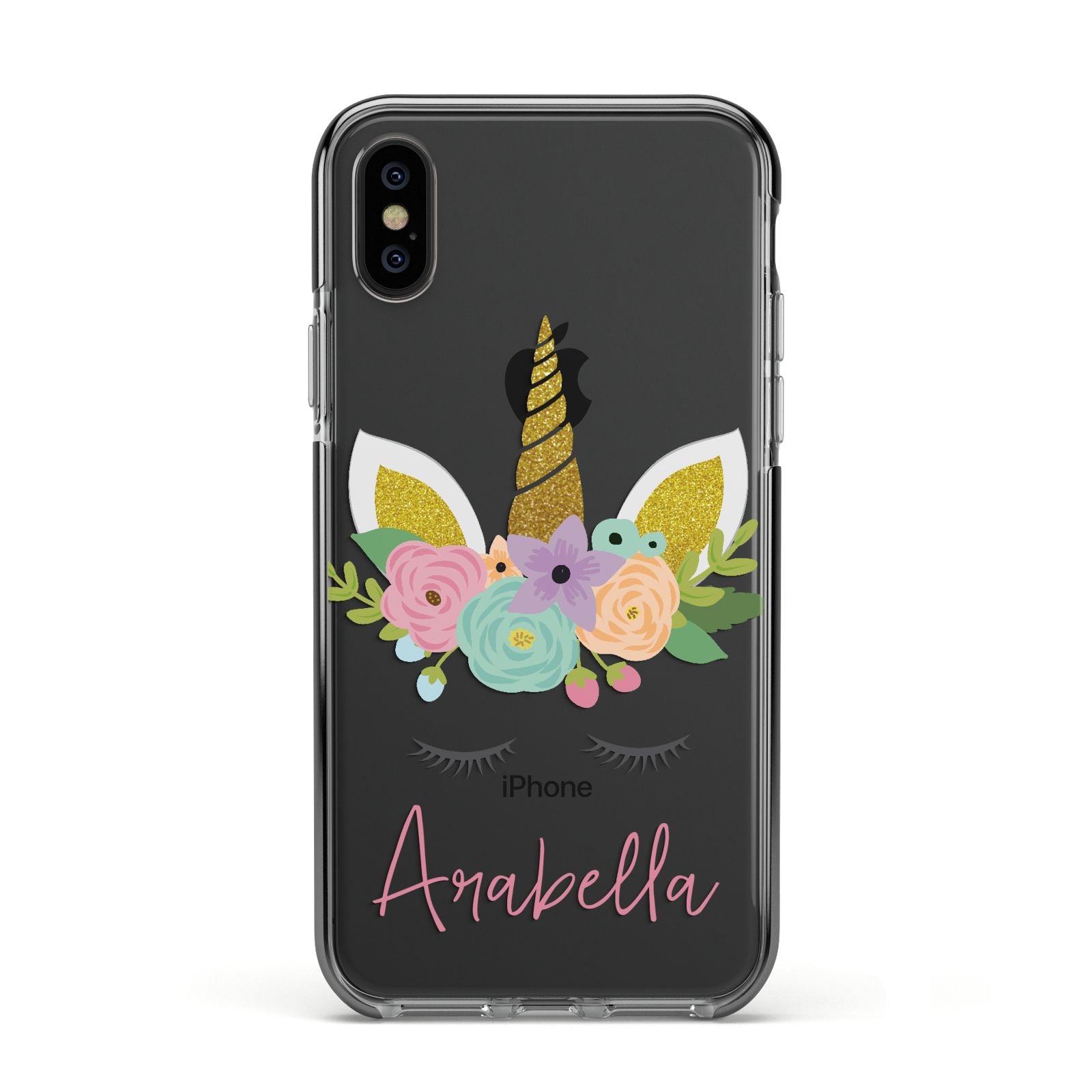 Personalised Unicorn Face Apple iPhone Xs Impact Case Black Edge on Black Phone