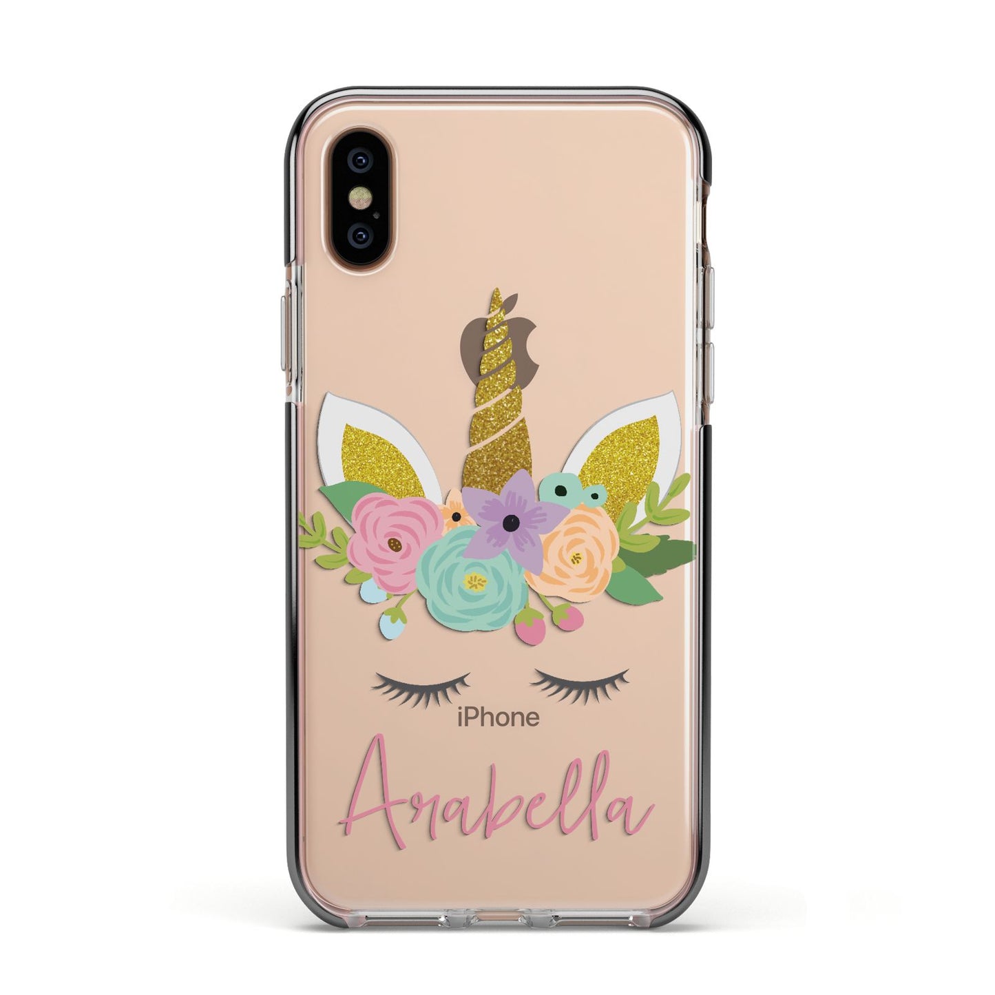 Personalised Unicorn Face Apple iPhone Xs Impact Case Black Edge on Gold Phone