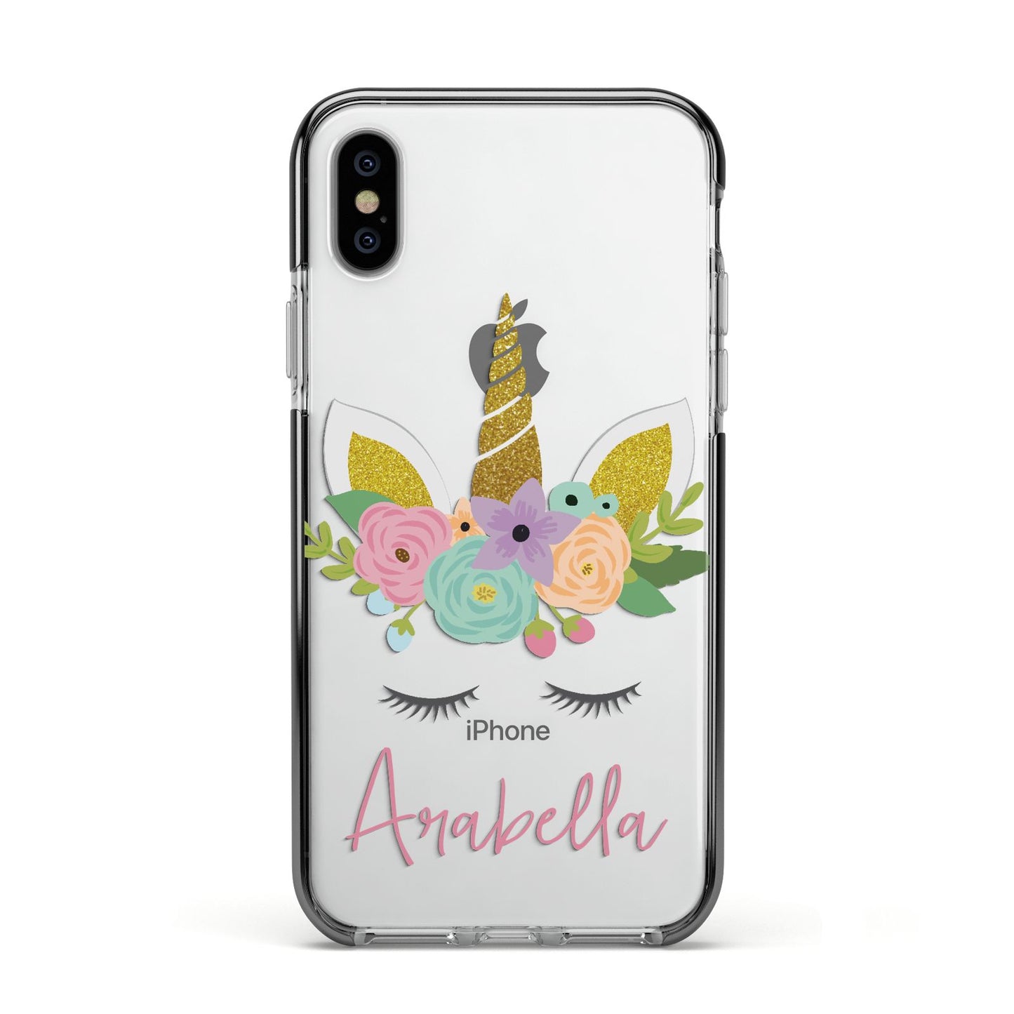 Personalised Unicorn Face Apple iPhone Xs Impact Case Black Edge on Silver Phone