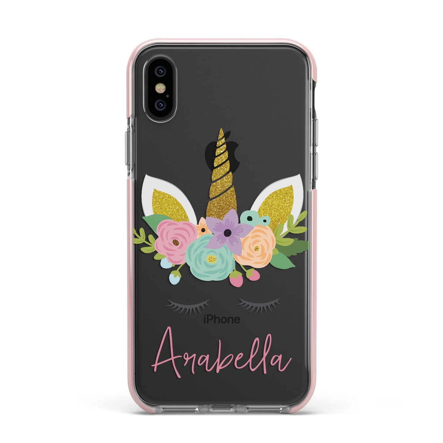 Personalised Unicorn Face Apple iPhone Xs Impact Case Pink Edge on Black Phone